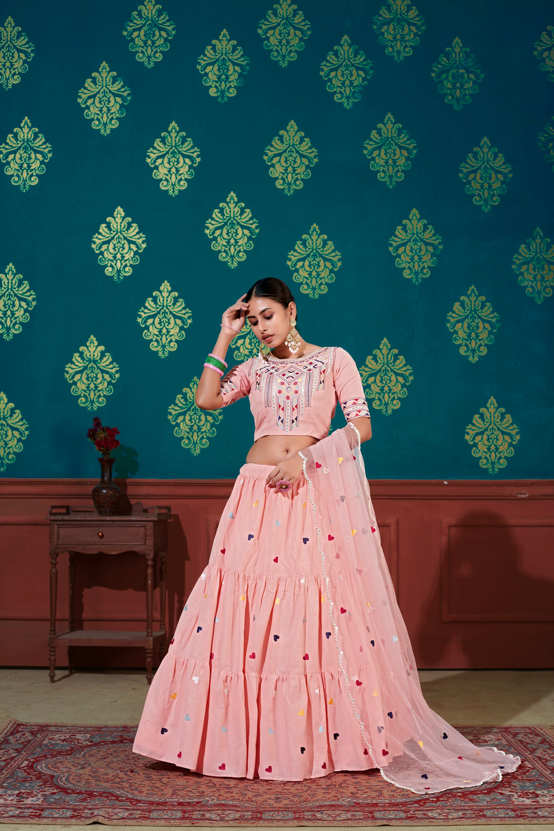 Women's Pink Cotton Thread Embroidered Lehenga Set - Shubhkala