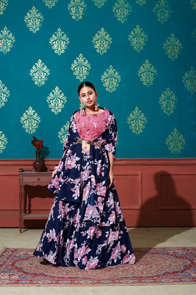 Women's Navy Blue Silk Printed Lehenga Set