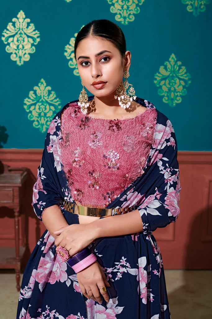 Women's Navy Blue Silk Printed Lehenga Set