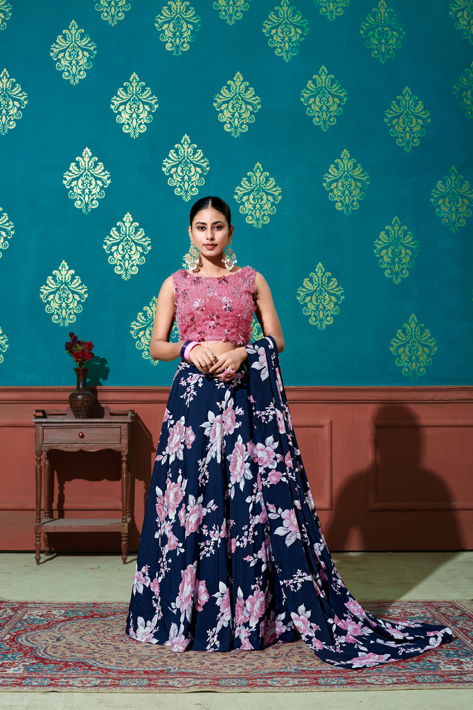 Women's Navy Blue Silk Printed Lehenga Set