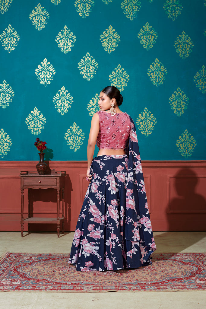 Women's Navy Blue Silk Printed Lehenga Set