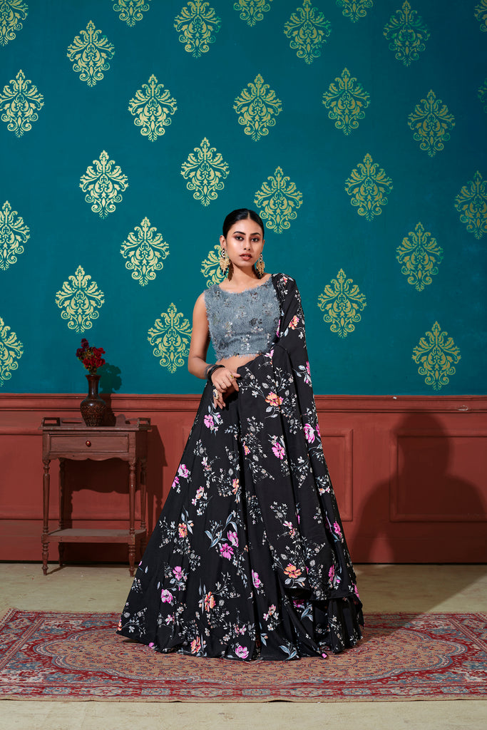 Women's Black Silk Printed Lehenga Set