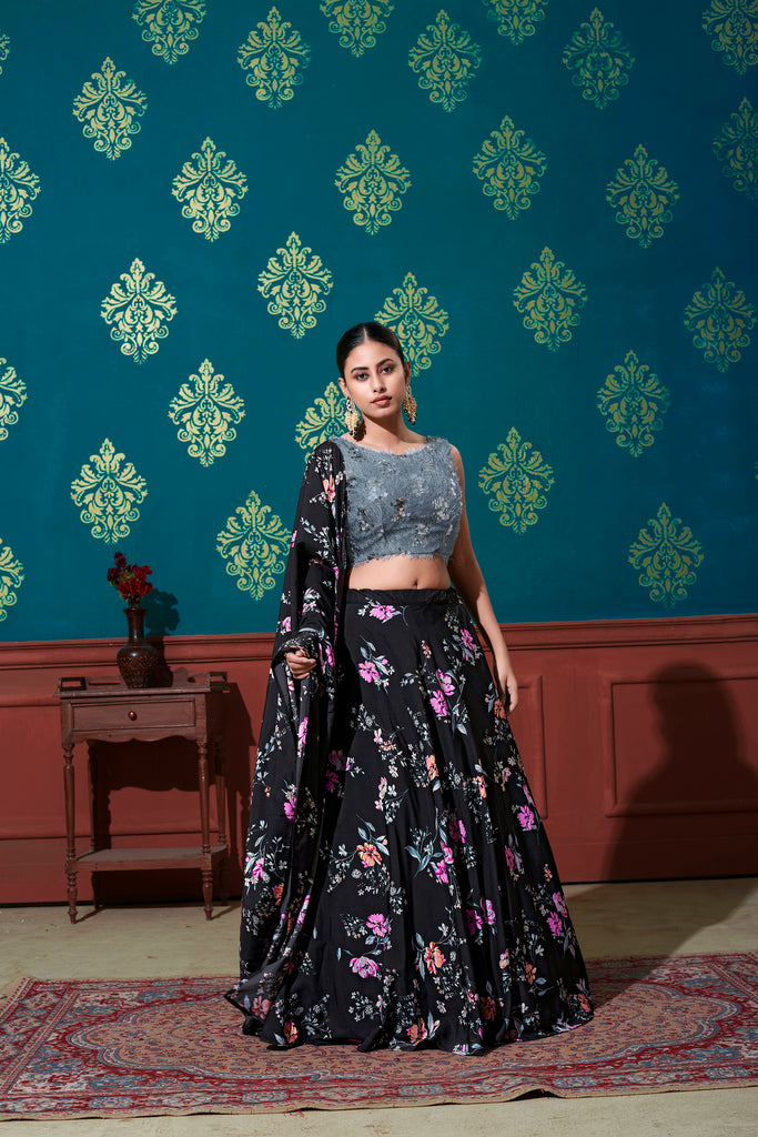 Women's Black Silk Printed Lehenga Set