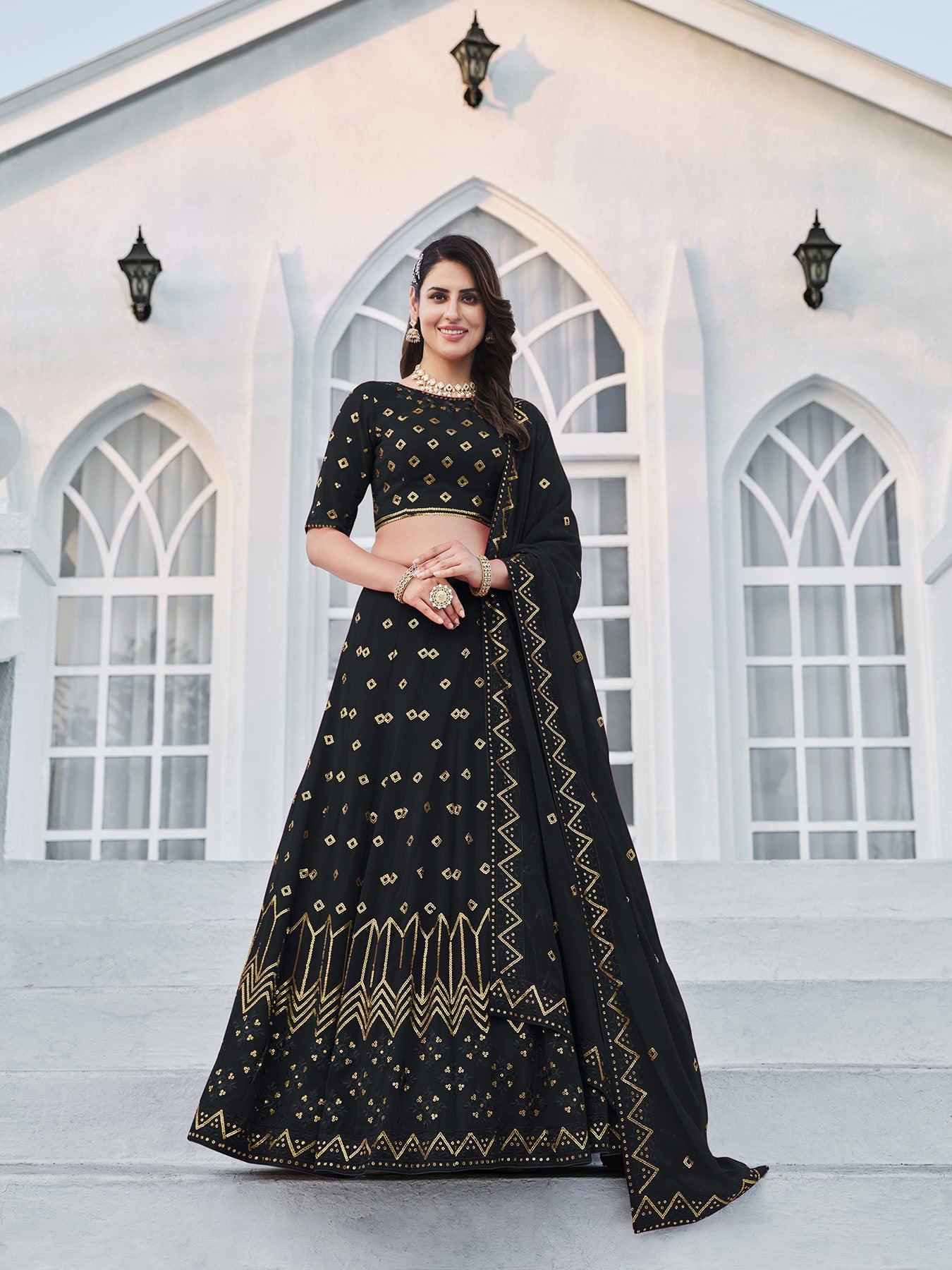 Women's Navy Blue Georgette Thread Sequence Embroidered Lehenga Set - Shubhkala