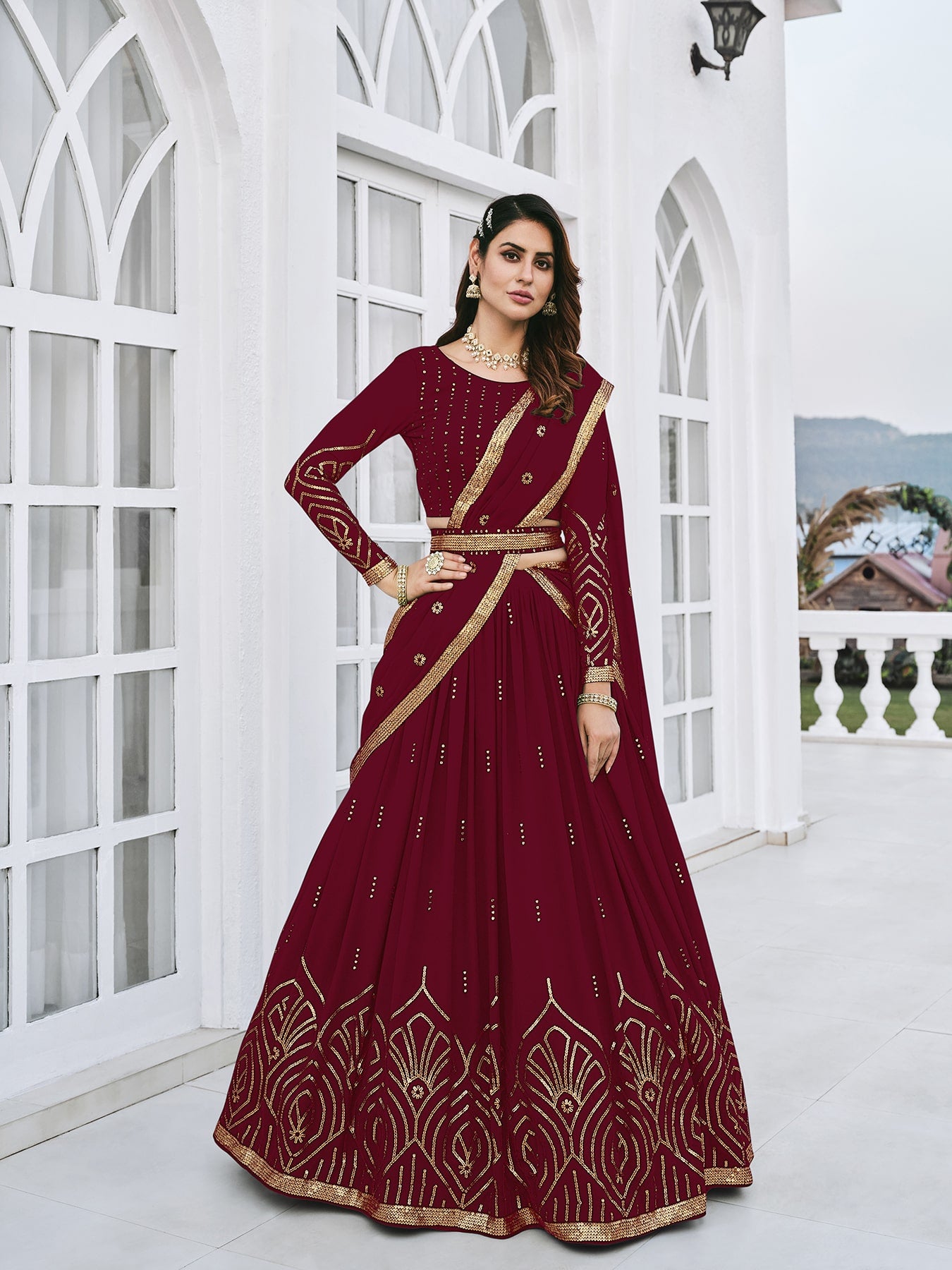 Women's Maroon Georgette Thread Sequence Embroidered Lehenga Set - Shubhkala