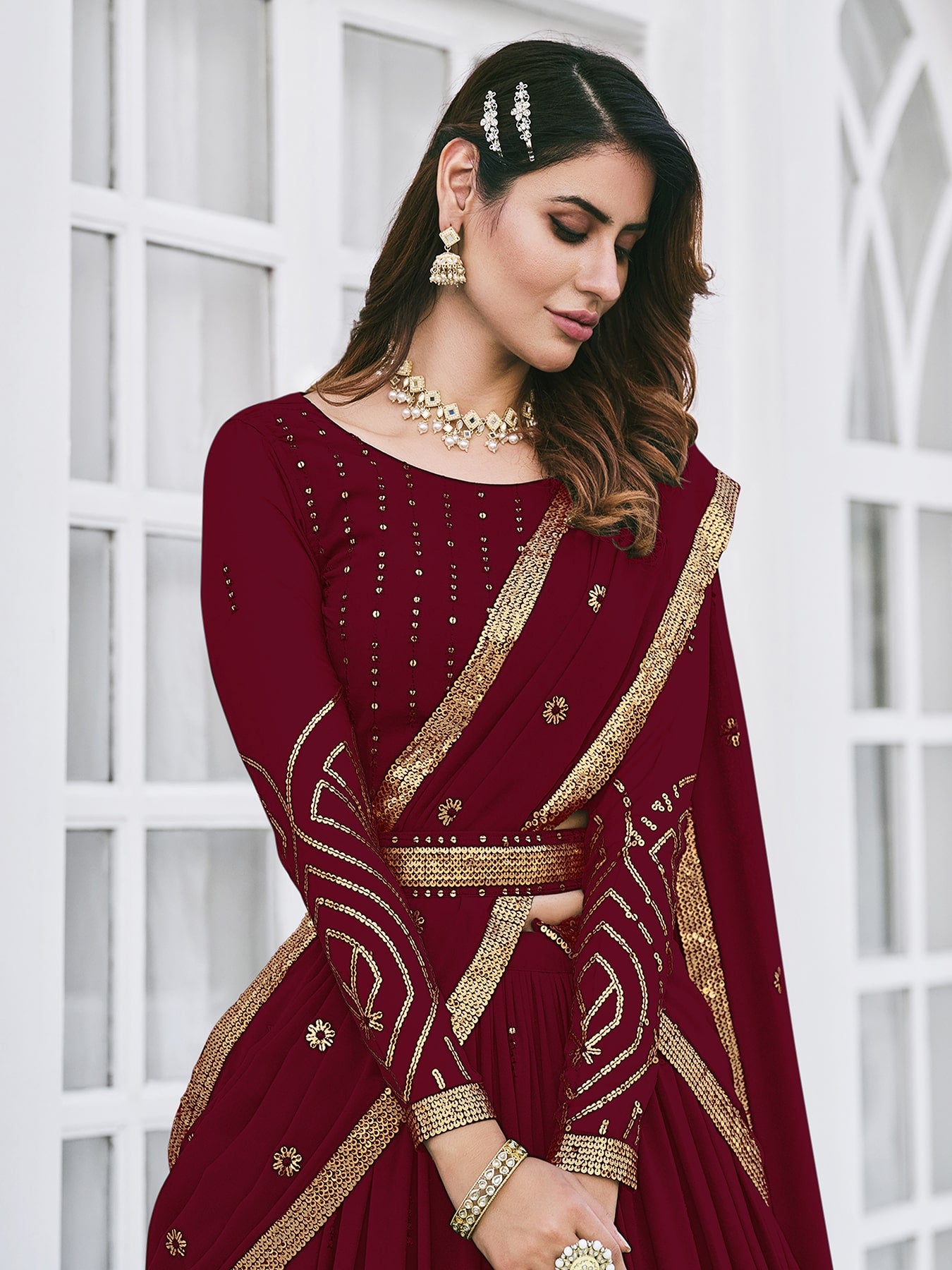 Women's Maroon Georgette Thread Sequence Embroidered Lehenga Set - Shubhkala