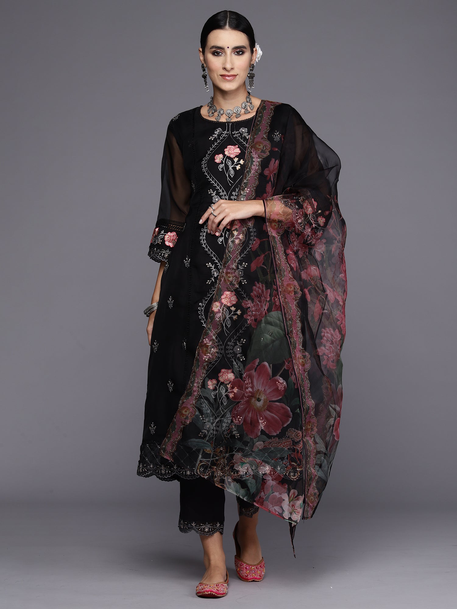 Women's Black Organza Kurta Set - Taantav