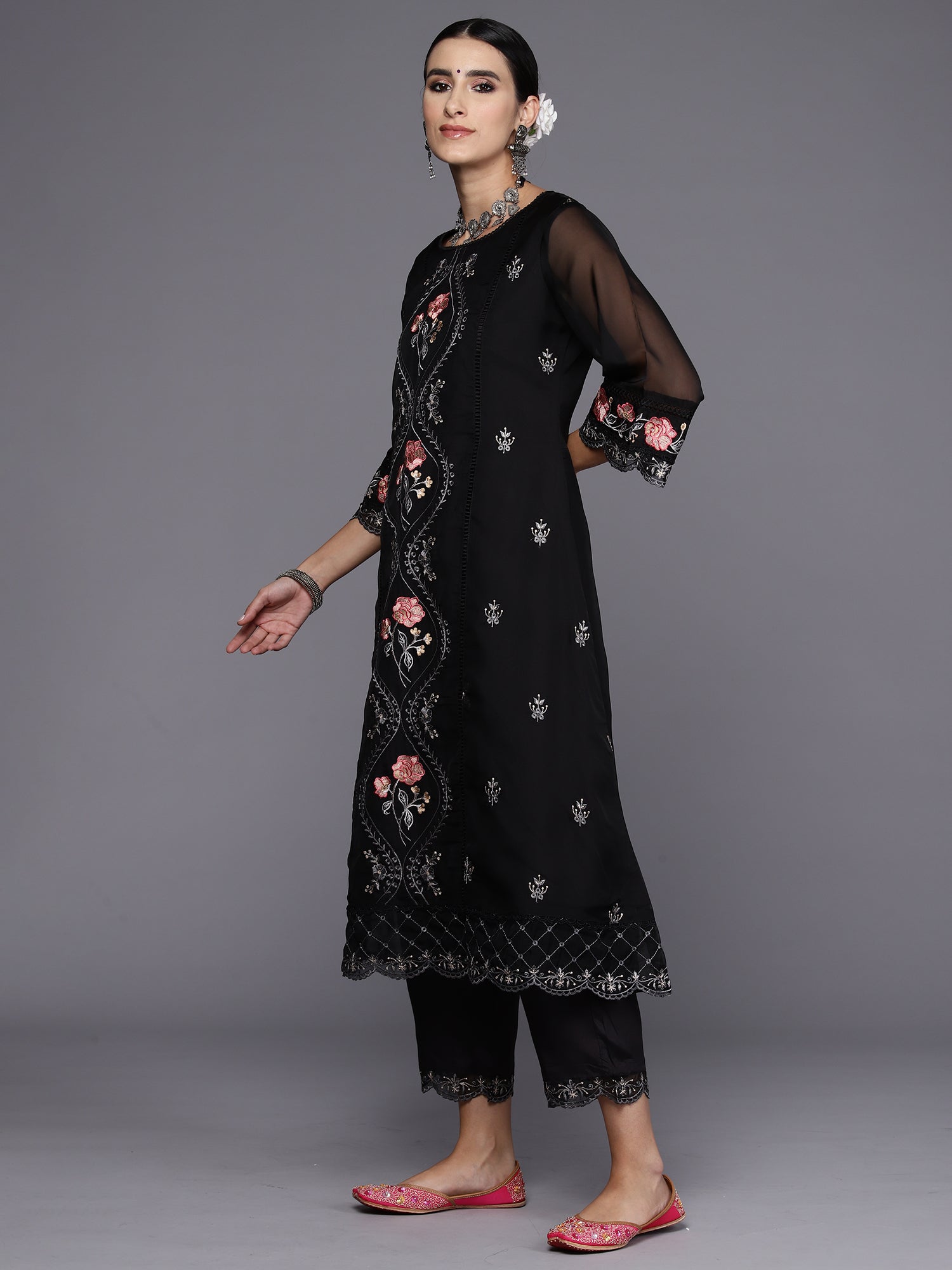 Women's Black Organza Kurta Set - Taantav