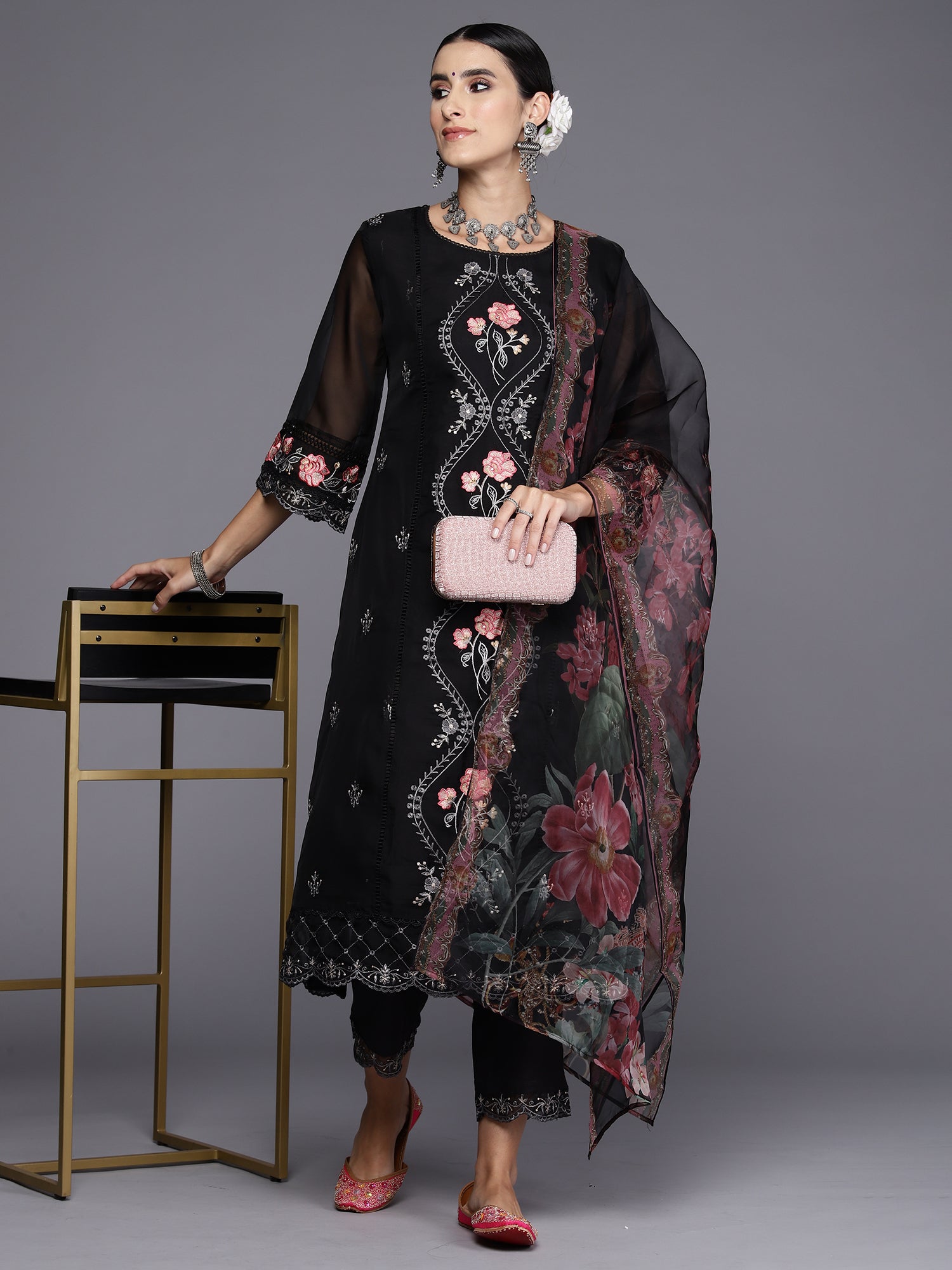 Women's Black Organza Kurta Set - Taantav