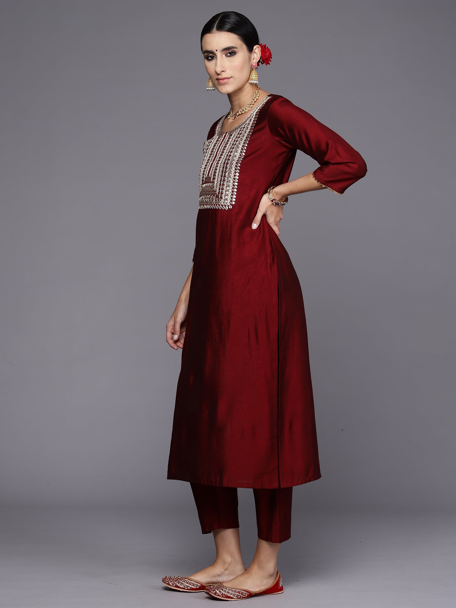 Women's Maroon Liva Kurta Set - Taantav