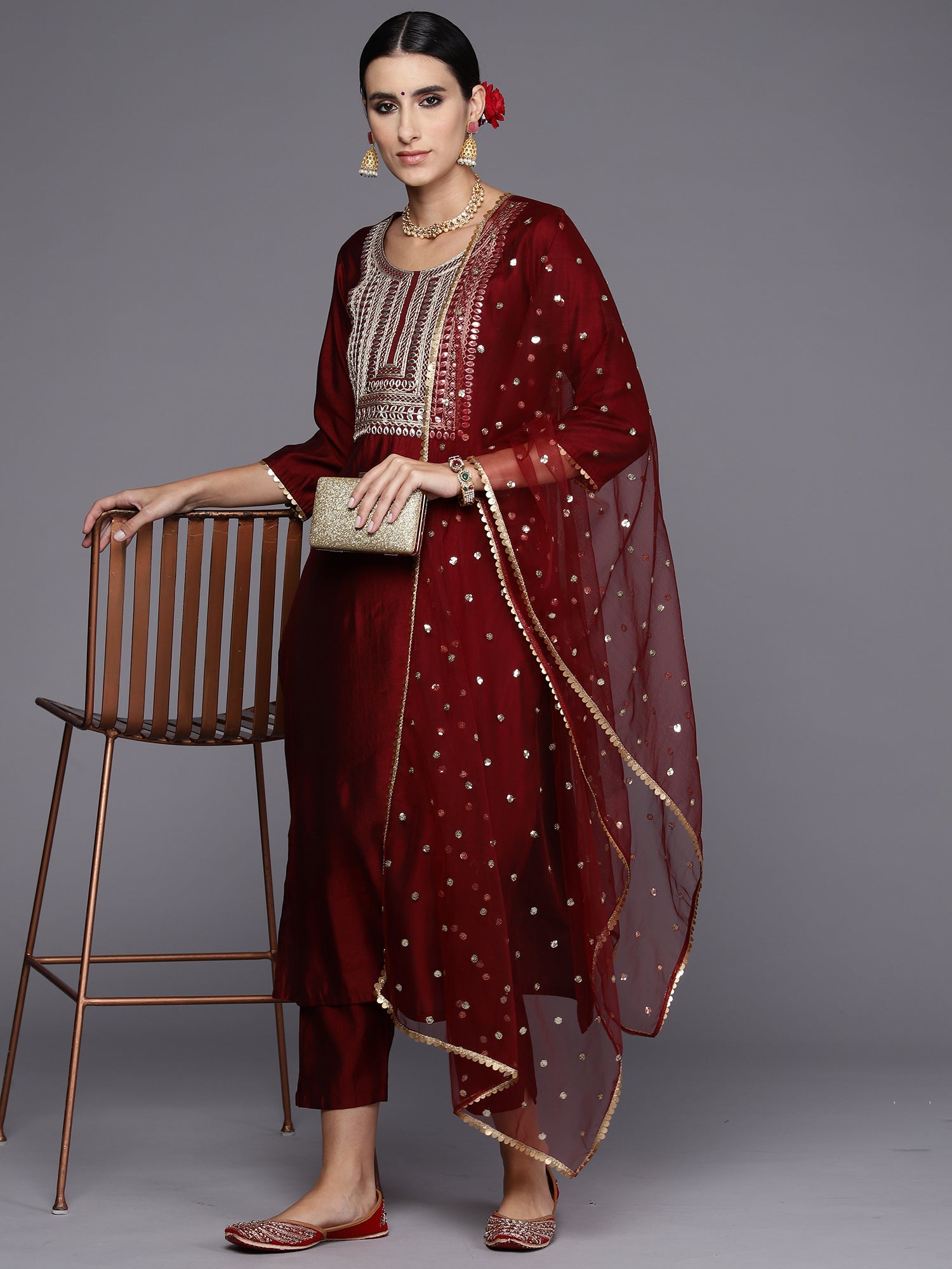 Women's Maroon Liva Kurta Set - Taantav