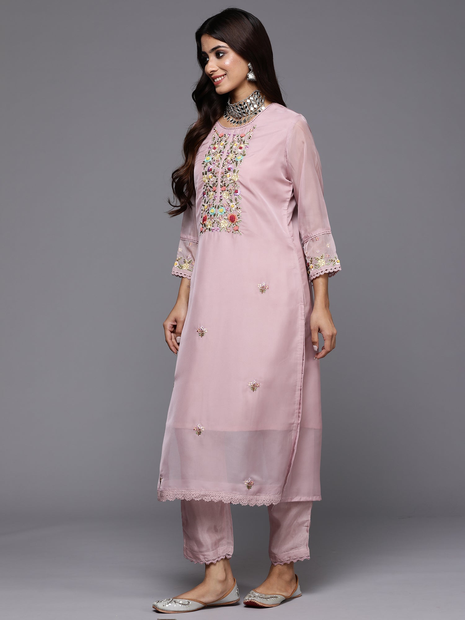 Women's Brown Organza Kurta Set - Taantav