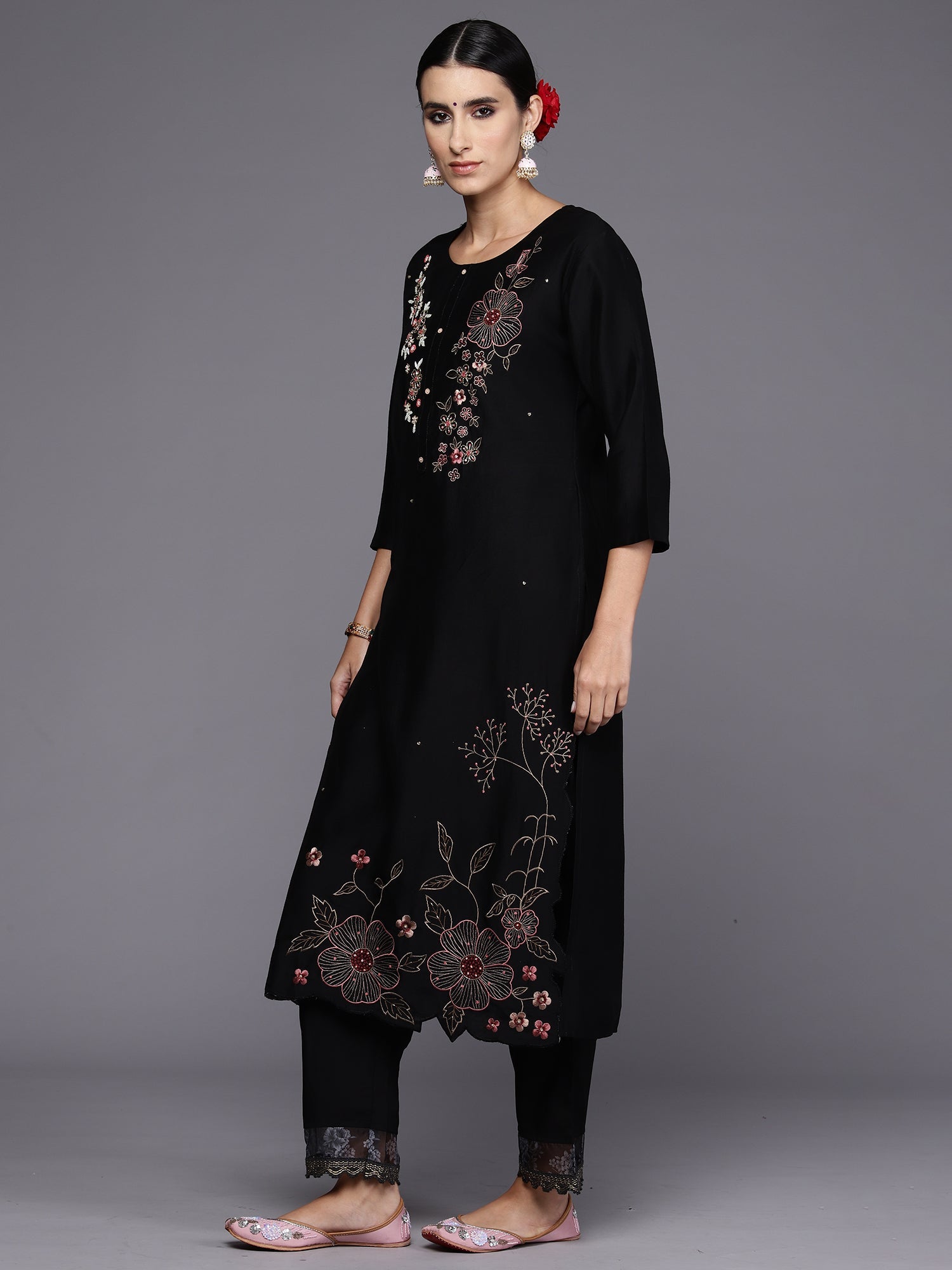 Women's Black Silk Blend Kurta Set - Taantav