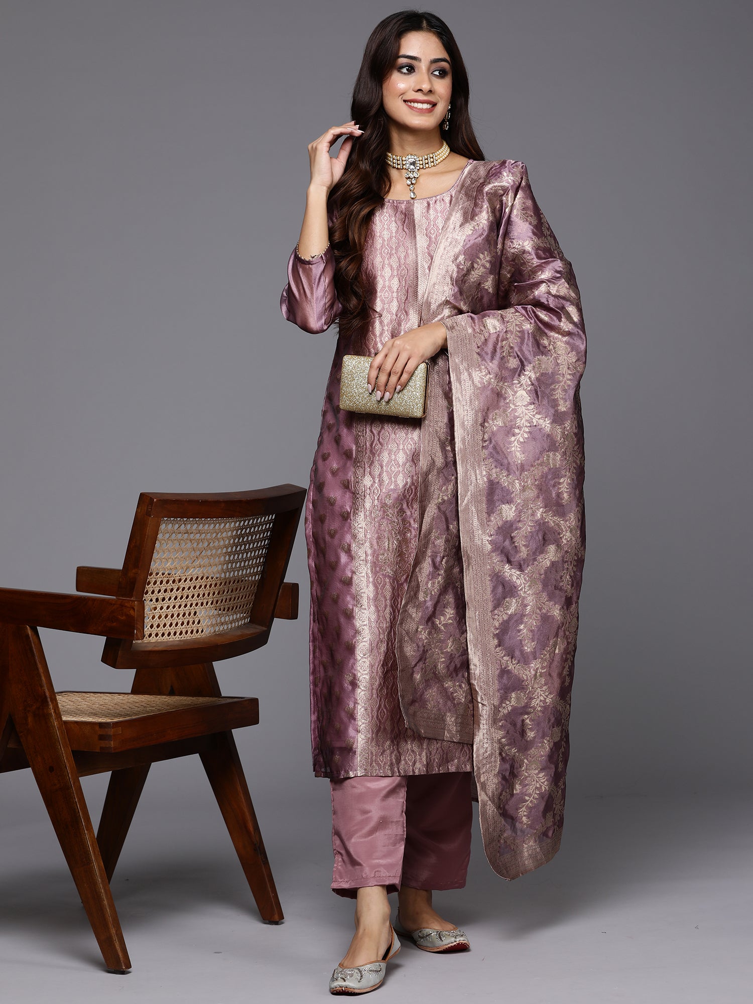 Women's Mauve Silk Blend Kurta Set - Taantav