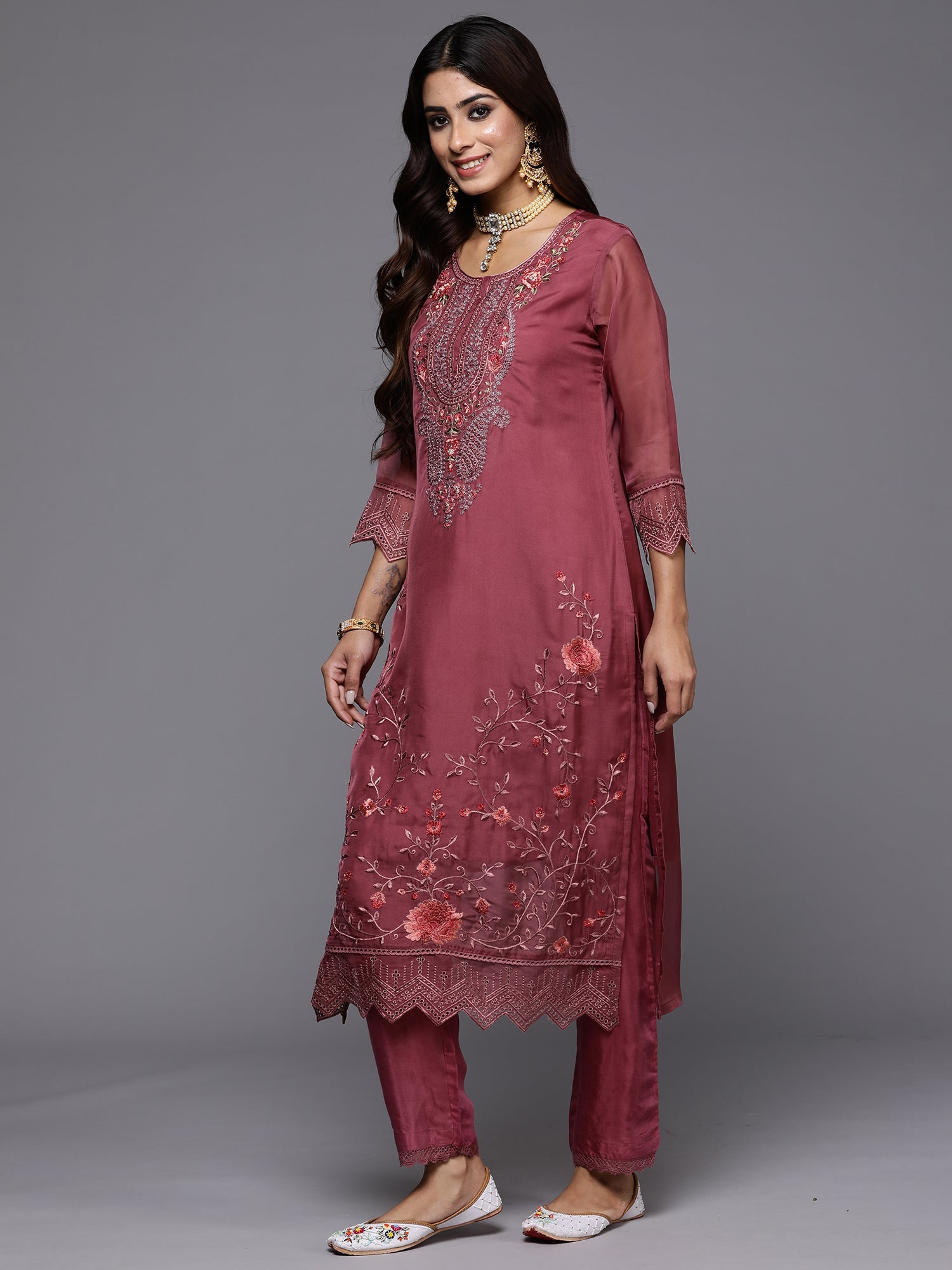 Women's Mauve Organza Kurta Set - Taantav