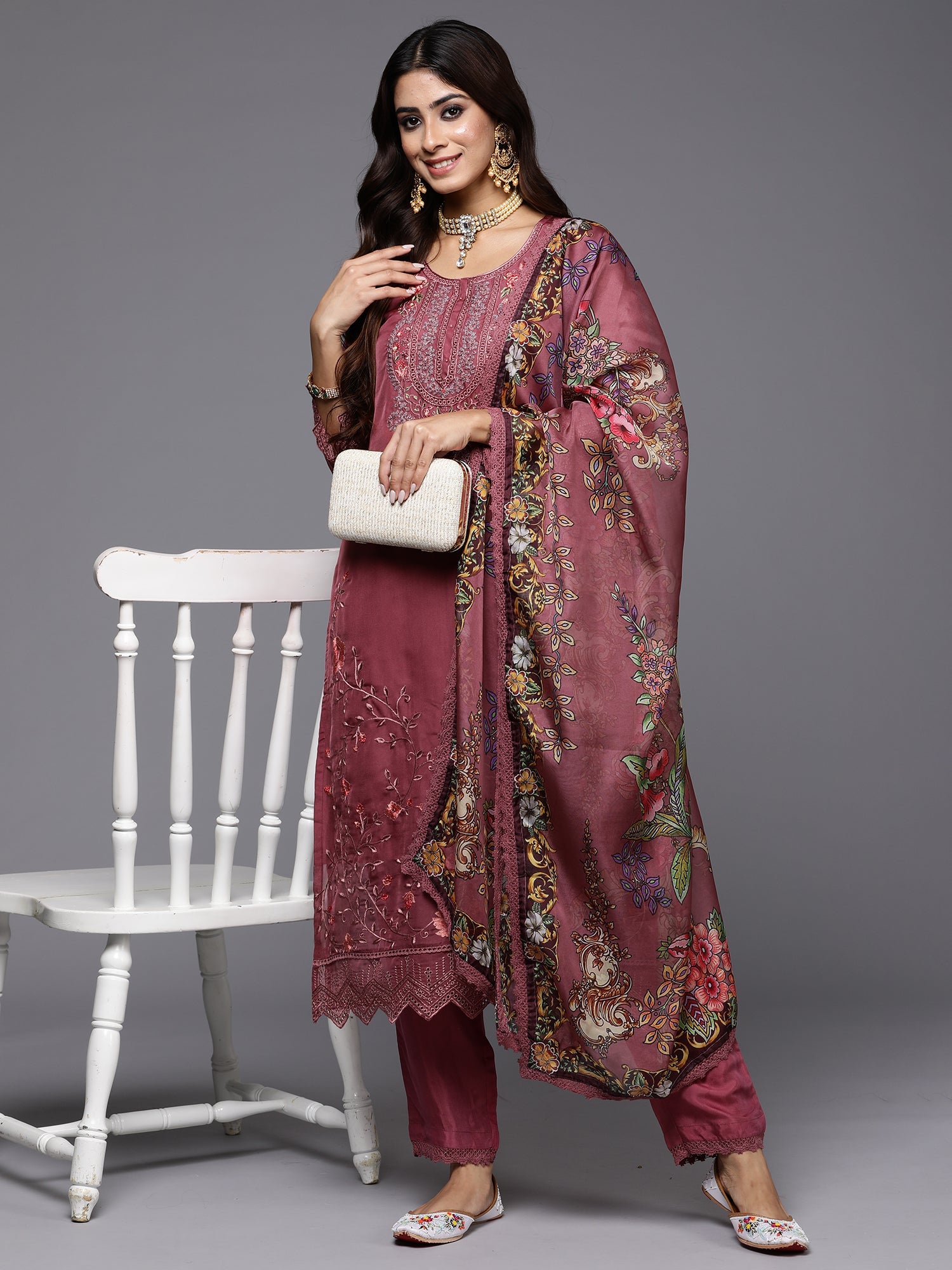 Women's Mauve Organza Kurta Set - Taantav