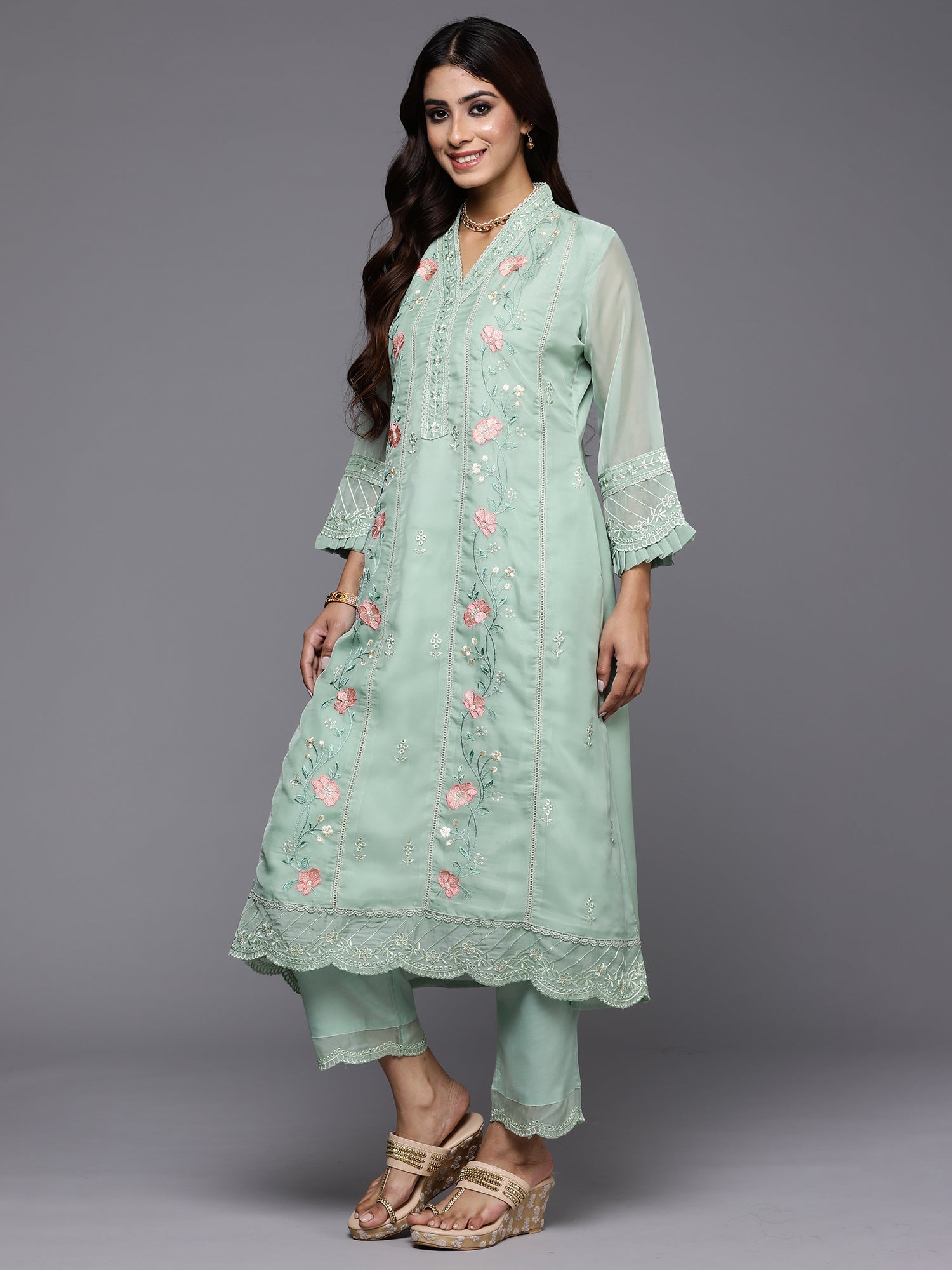 Women's Sea Green Organza Kurta Set - Taantav