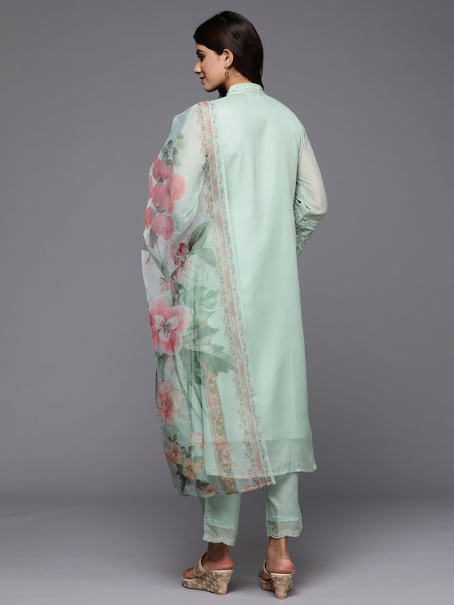 Women's Sea Green Organza Kurta Set - Taantav