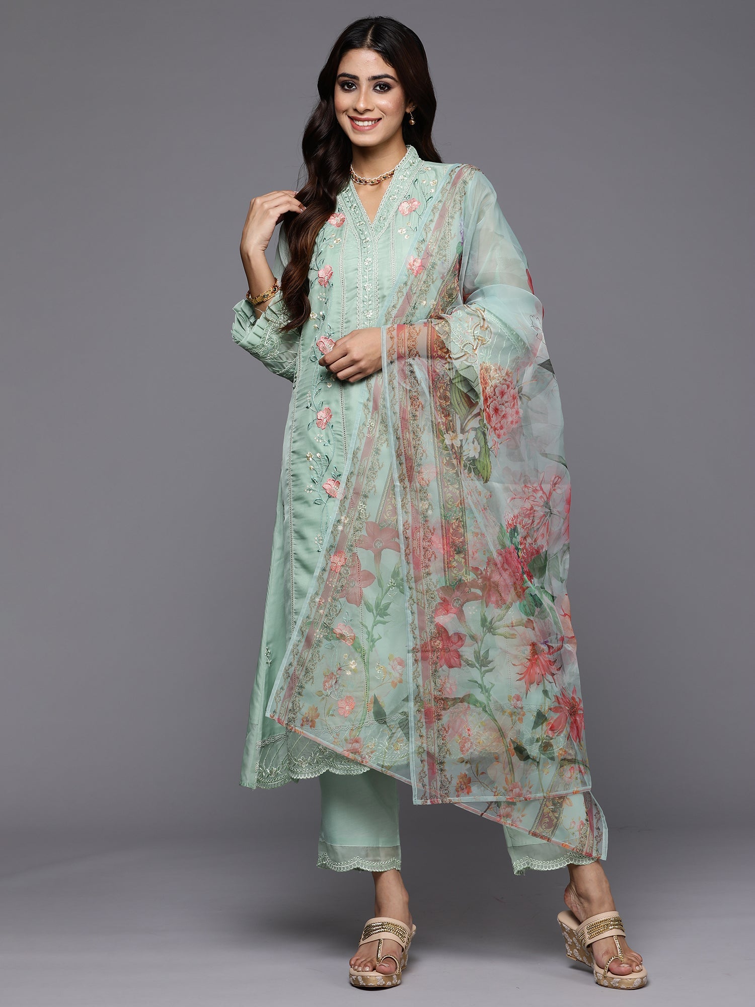 Women's Sea Green Organza Kurta Set - Taantav