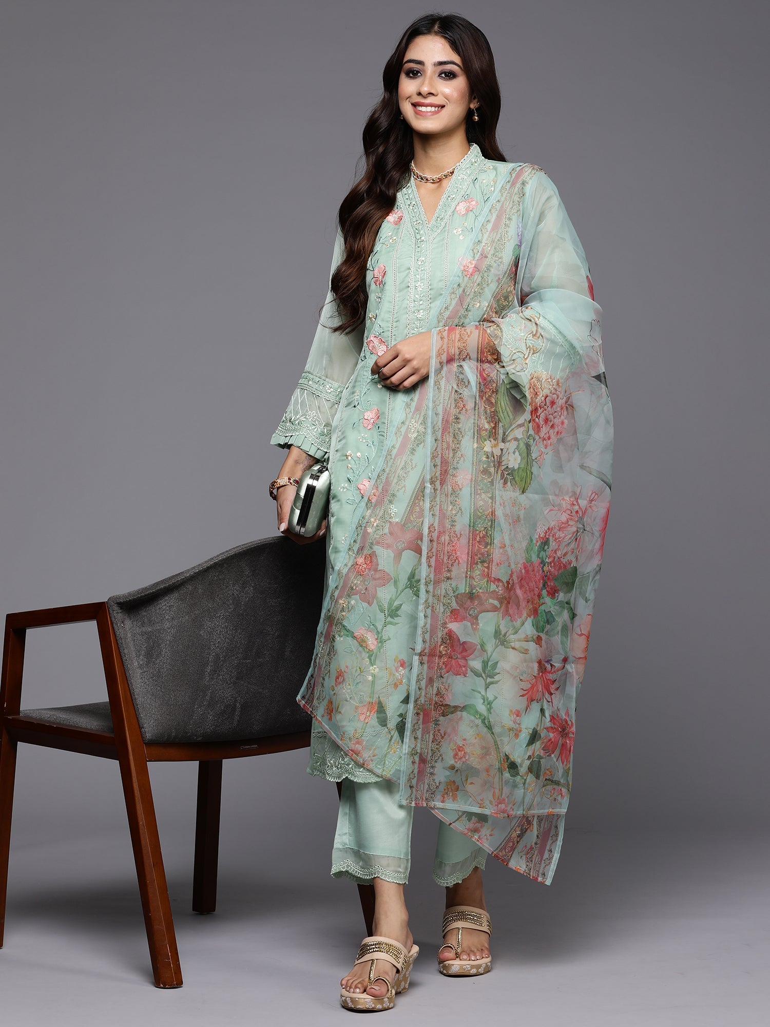 Women's Sea Green Organza Kurta Set - Taantav