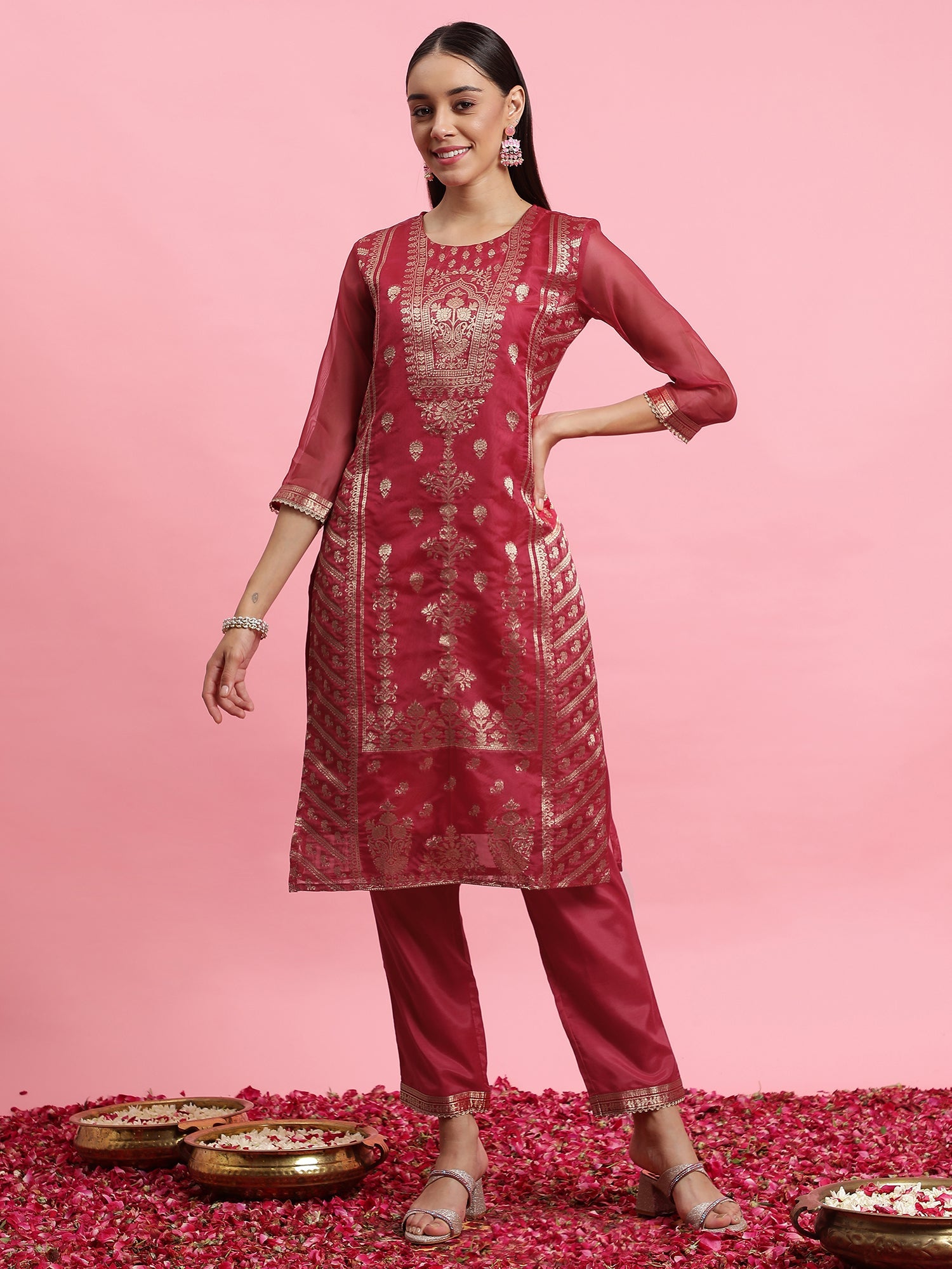 Women's Pink Silk Blend Kurta Set - Taantav