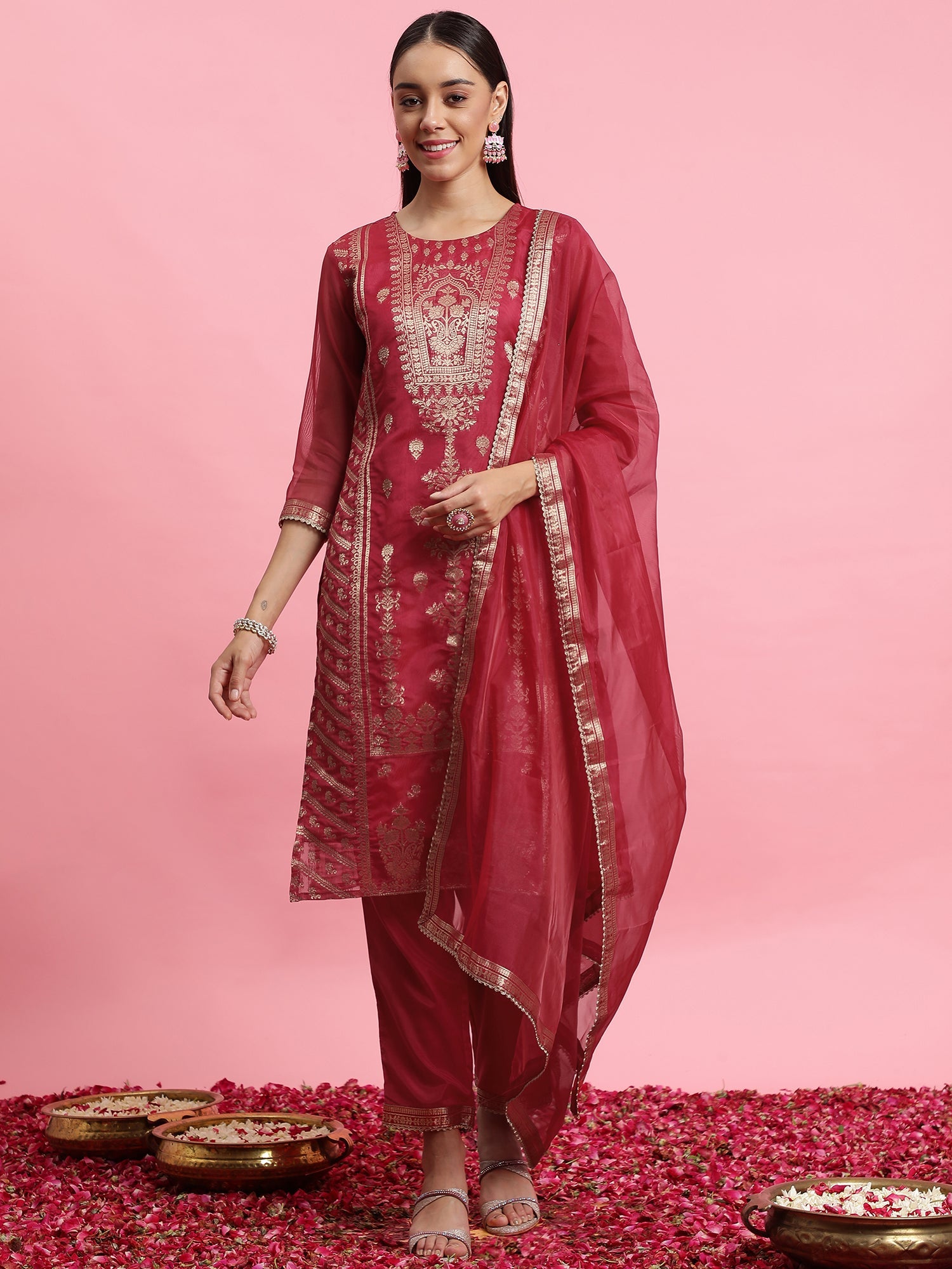 Women's Pink Silk Blend Kurta Set - Taantav