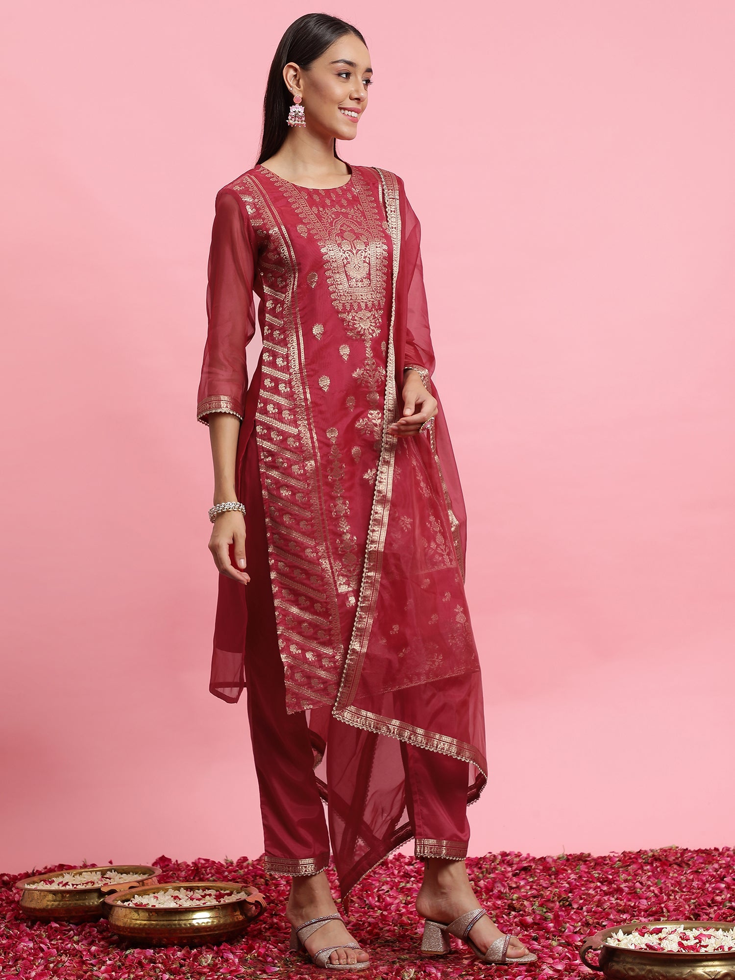 Women's Pink Silk Blend Kurta Set - Taantav