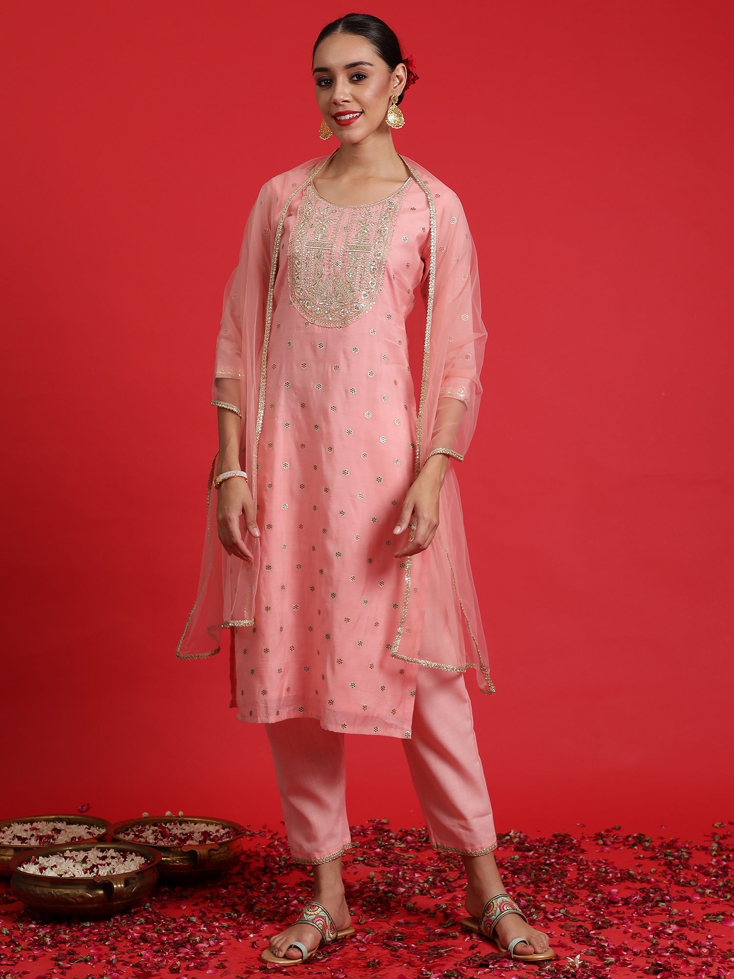 Women's Pink Chanderi Silk Kurta Set - Taantav