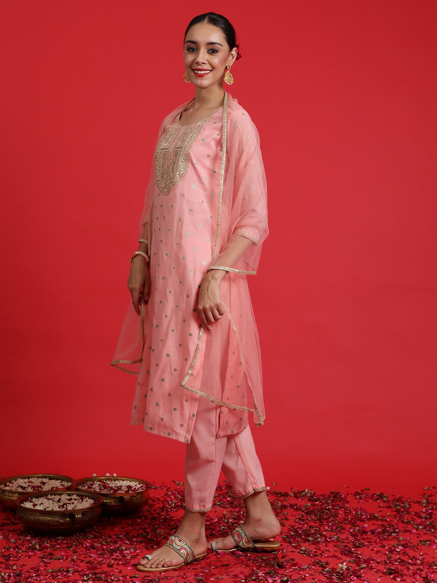 Women's Pink Chanderi Silk Kurta Set - Taantav