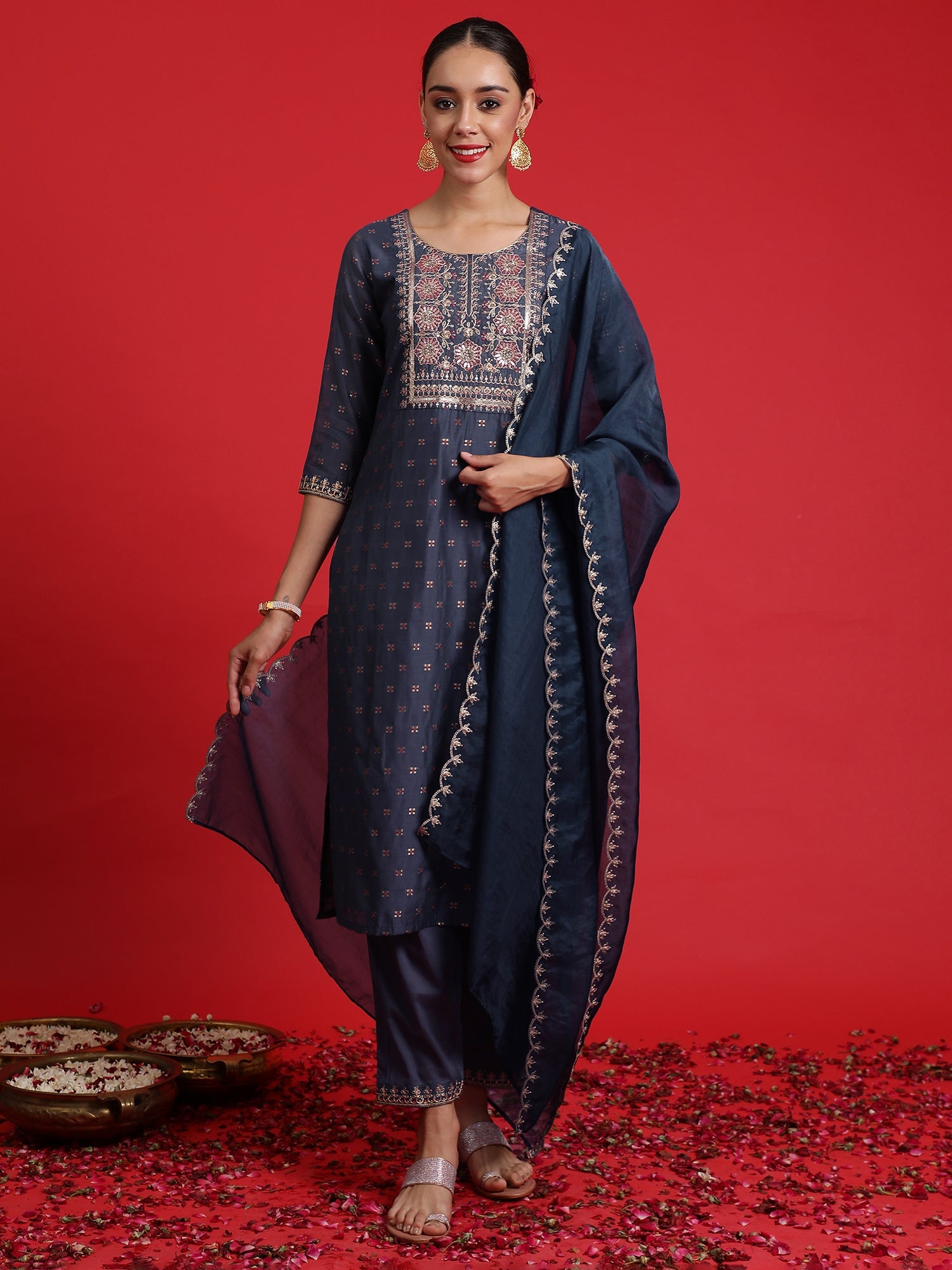 Women's Blue Chanderi Silk Kurta Set - Taantav