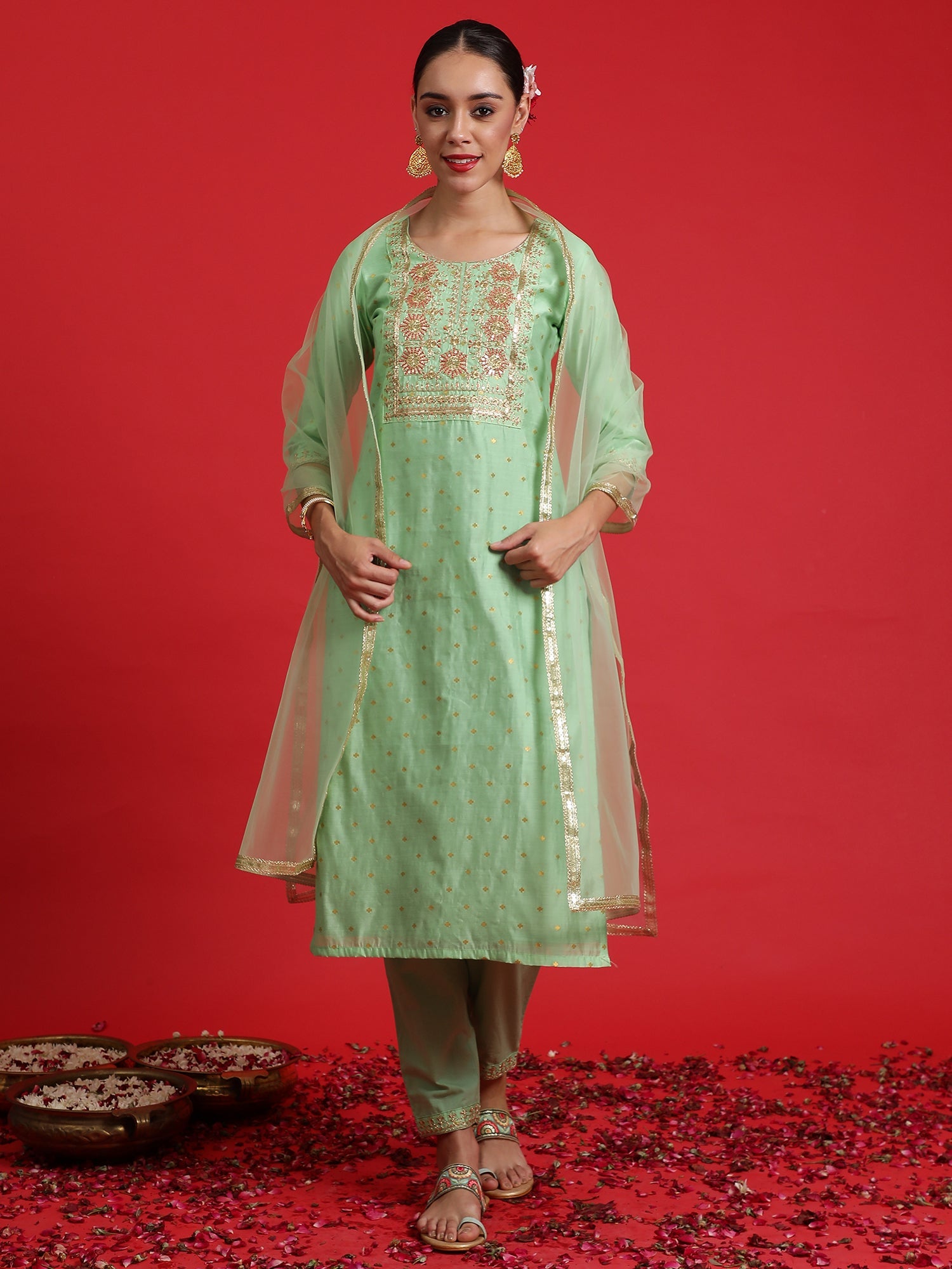 Women's Green Chanderi Silk Kurta Set - Taantav