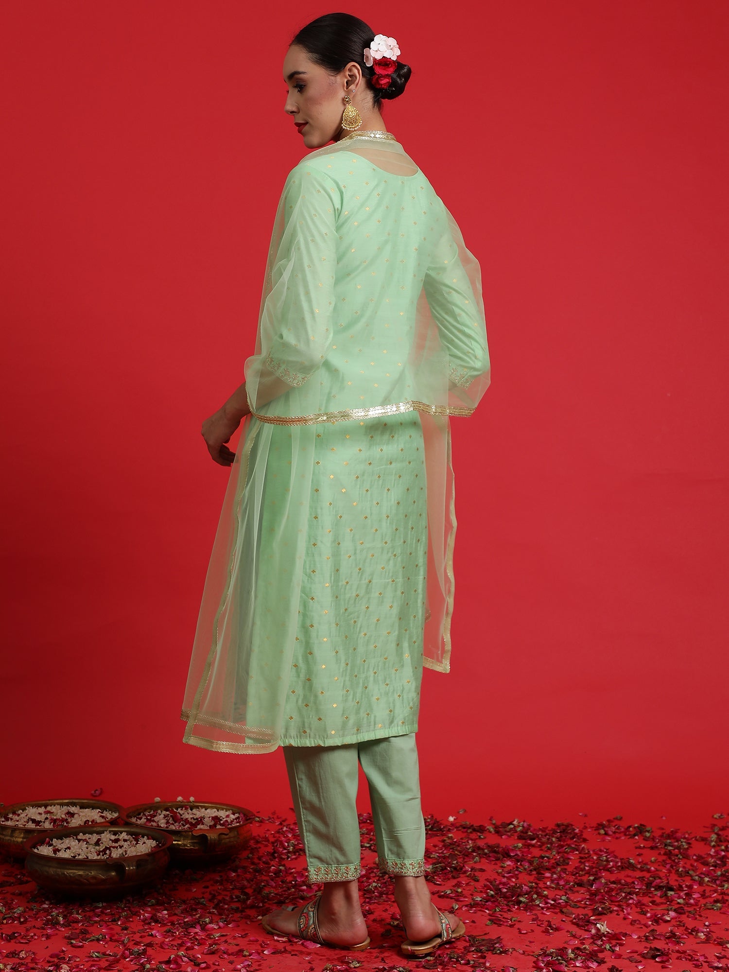 Women's Green Chanderi Silk Kurta Set - Taantav