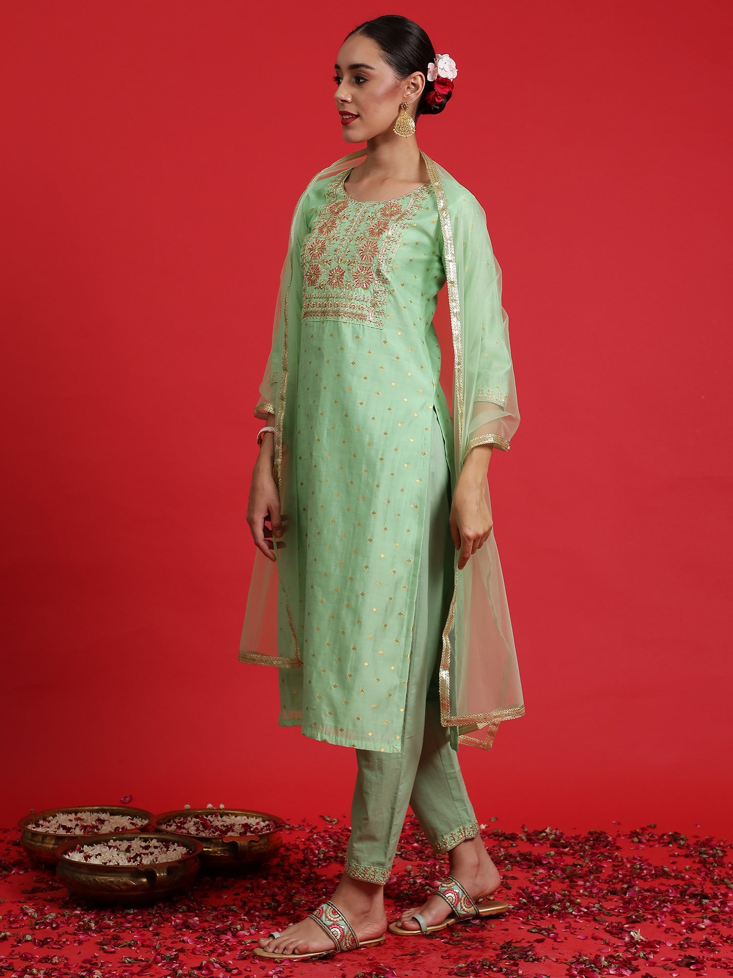 Women's Green Chanderi Silk Kurta Set - Taantav