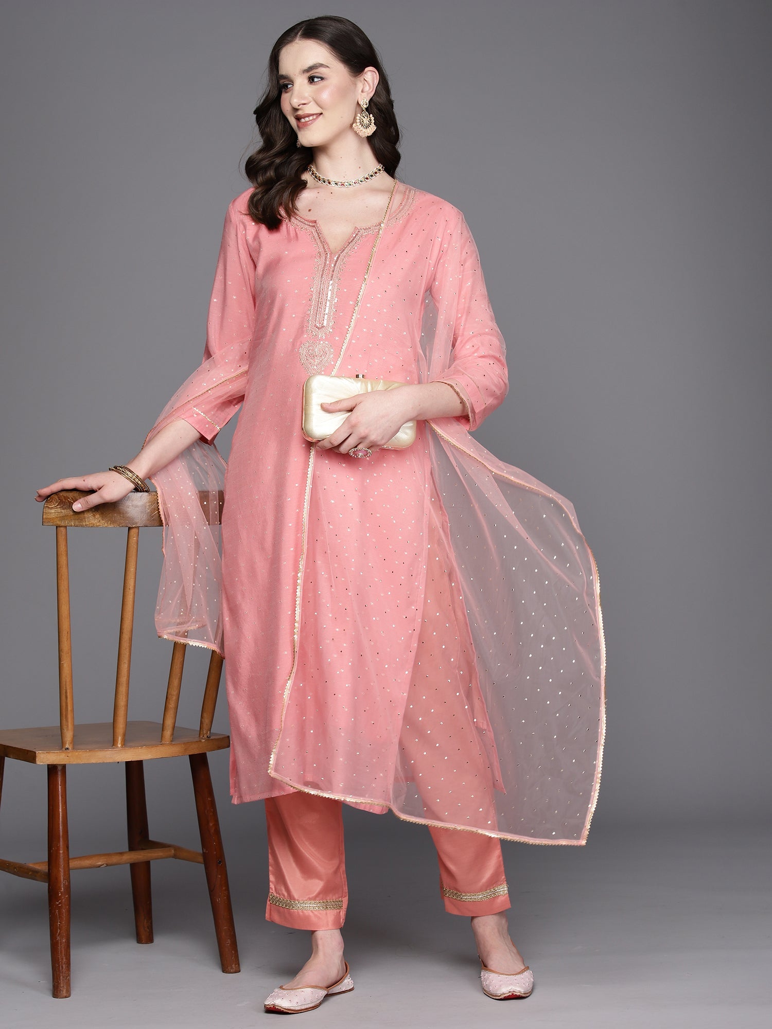 Women's Pink Chanderi Silk Kurta Set - Taantav