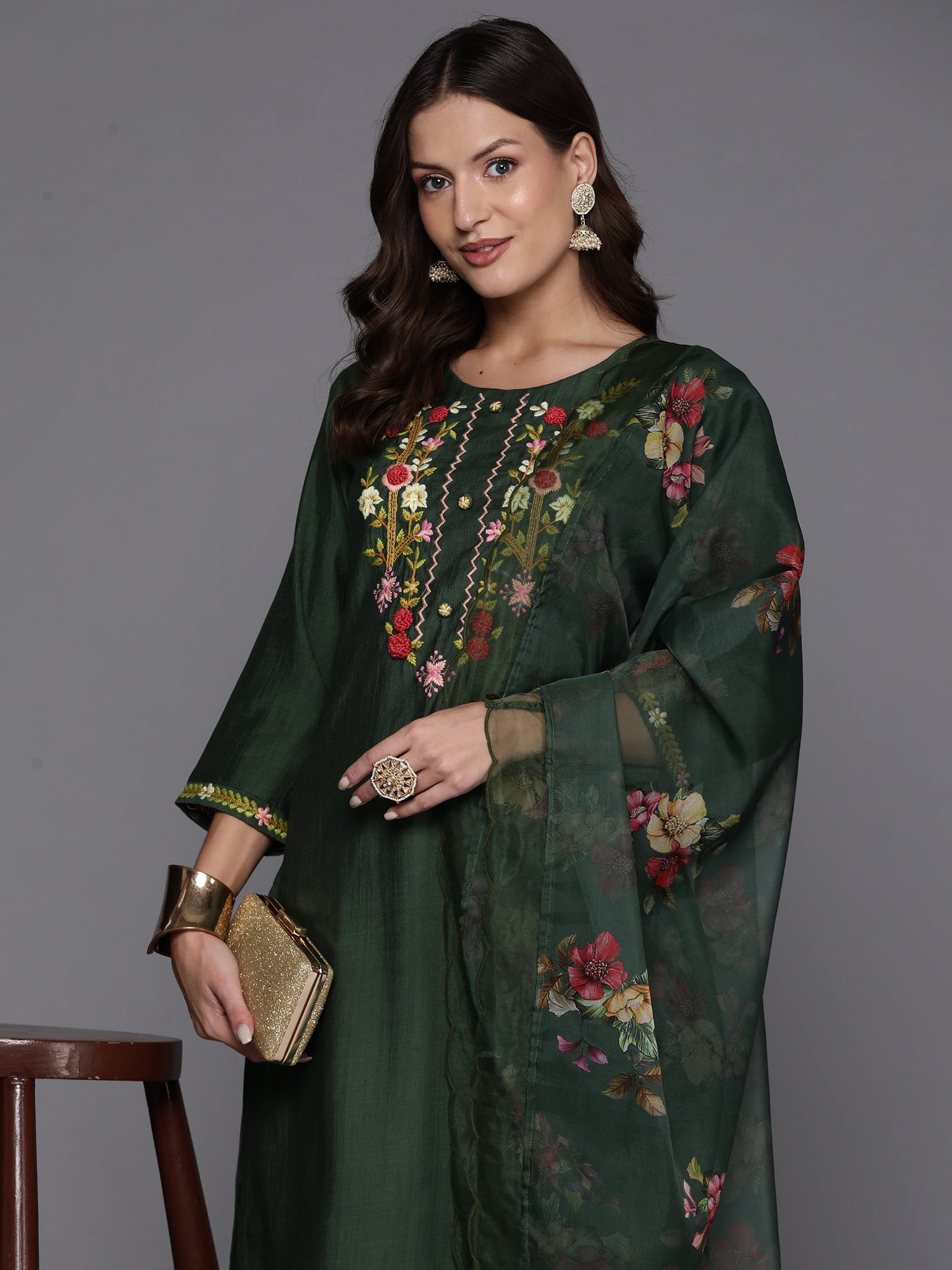 Women's Green Silk Blend Kurta Set - Taantav