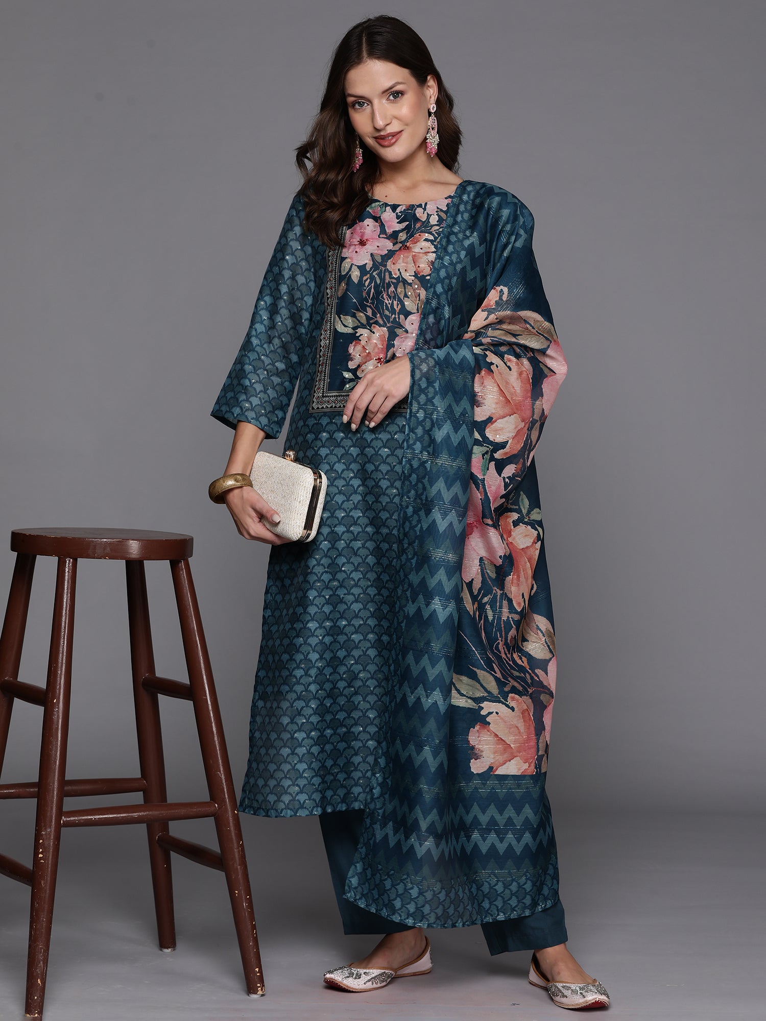 Women's Teal Silk Blend Kurta Set - Taantav