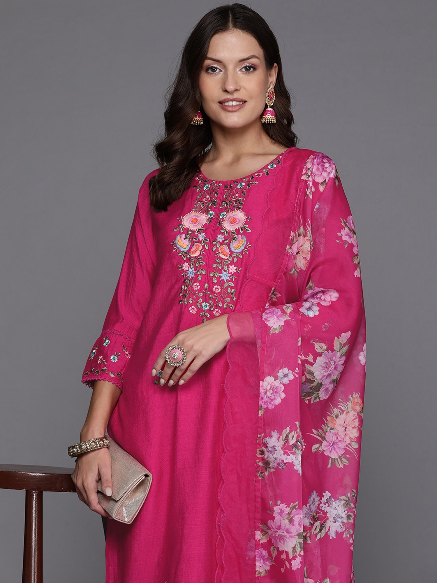 Women's Pink Silk Blend Kurta Set - Taantav