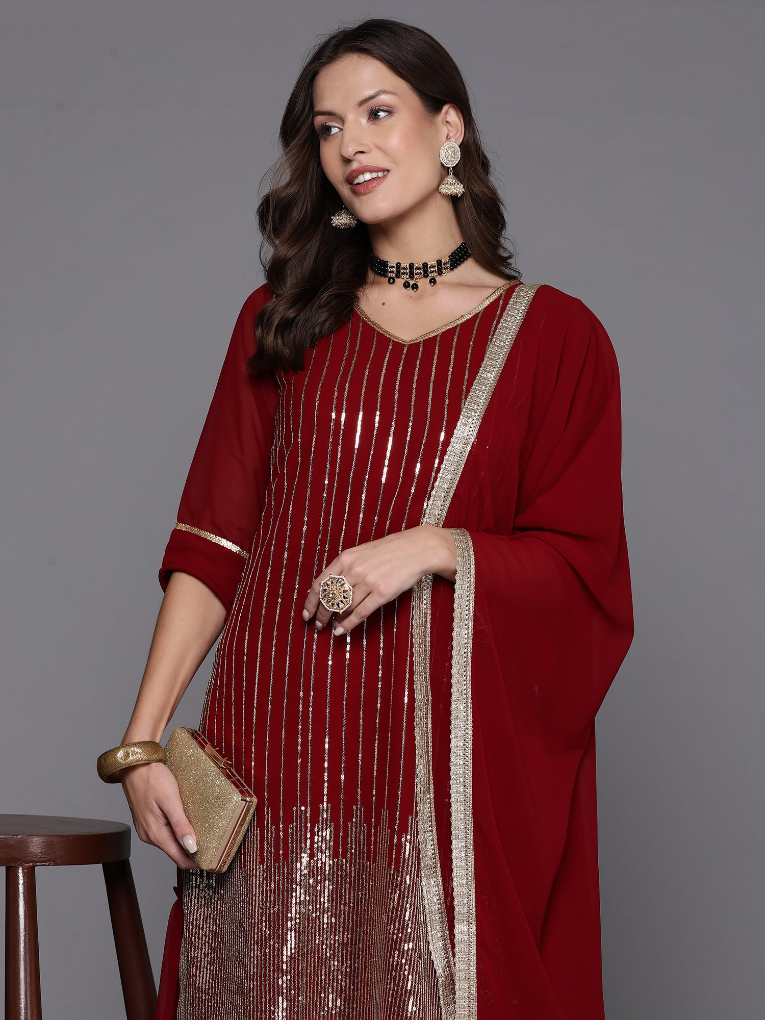 Women's Maroon Georgette Kurta Set - Taantav