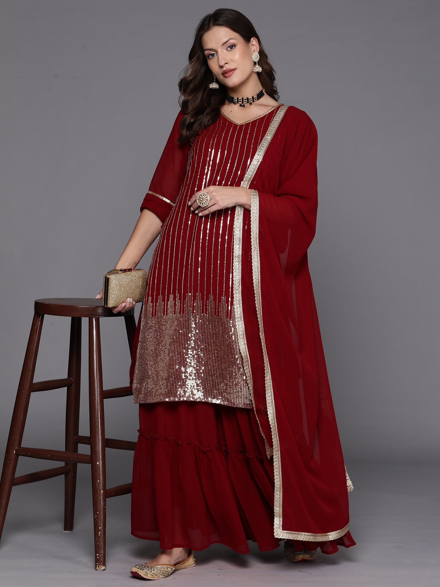 Women's Maroon Georgette Kurta Set - Taantav