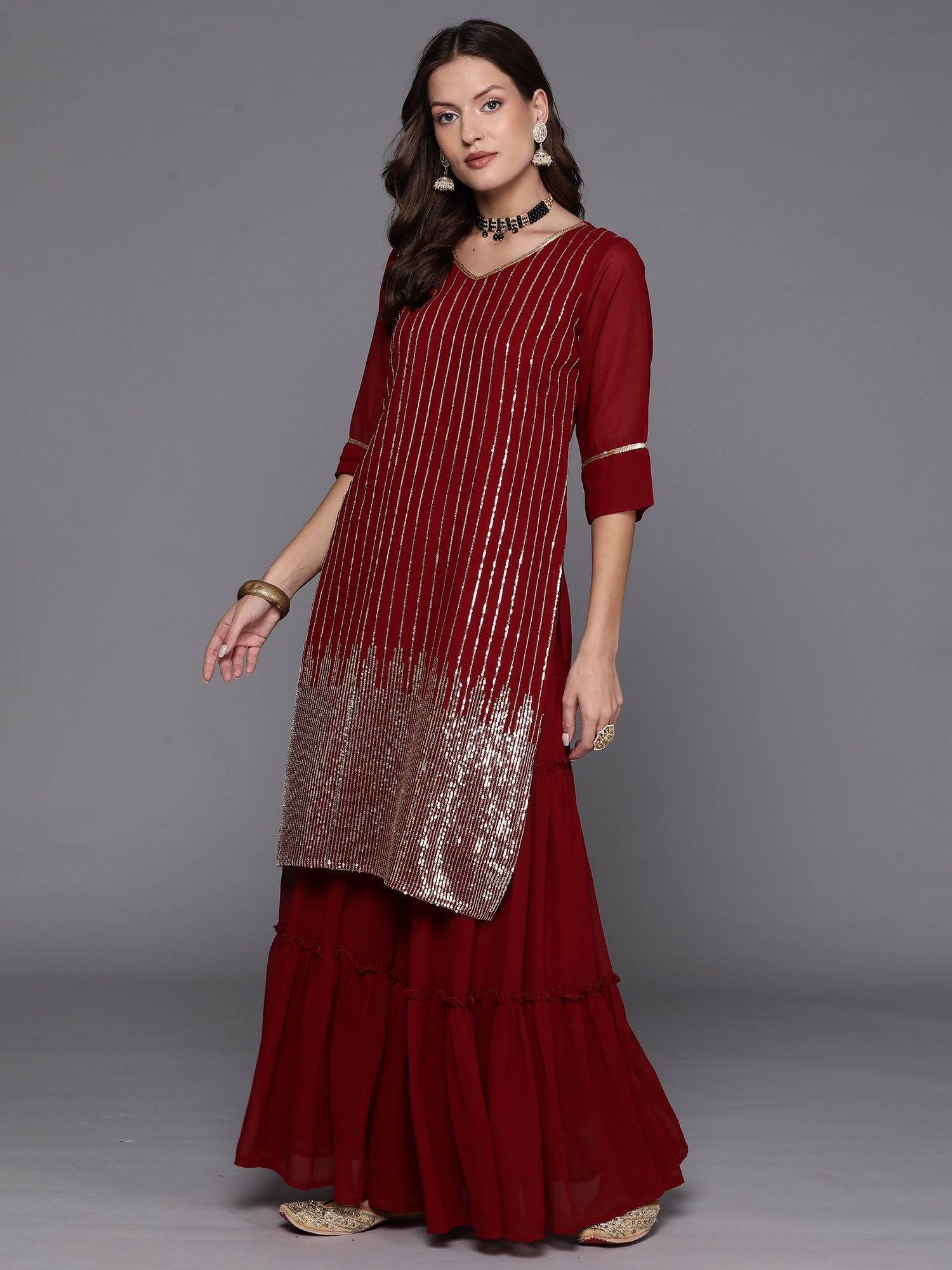 Women's Maroon Georgette Kurta Set - Taantav