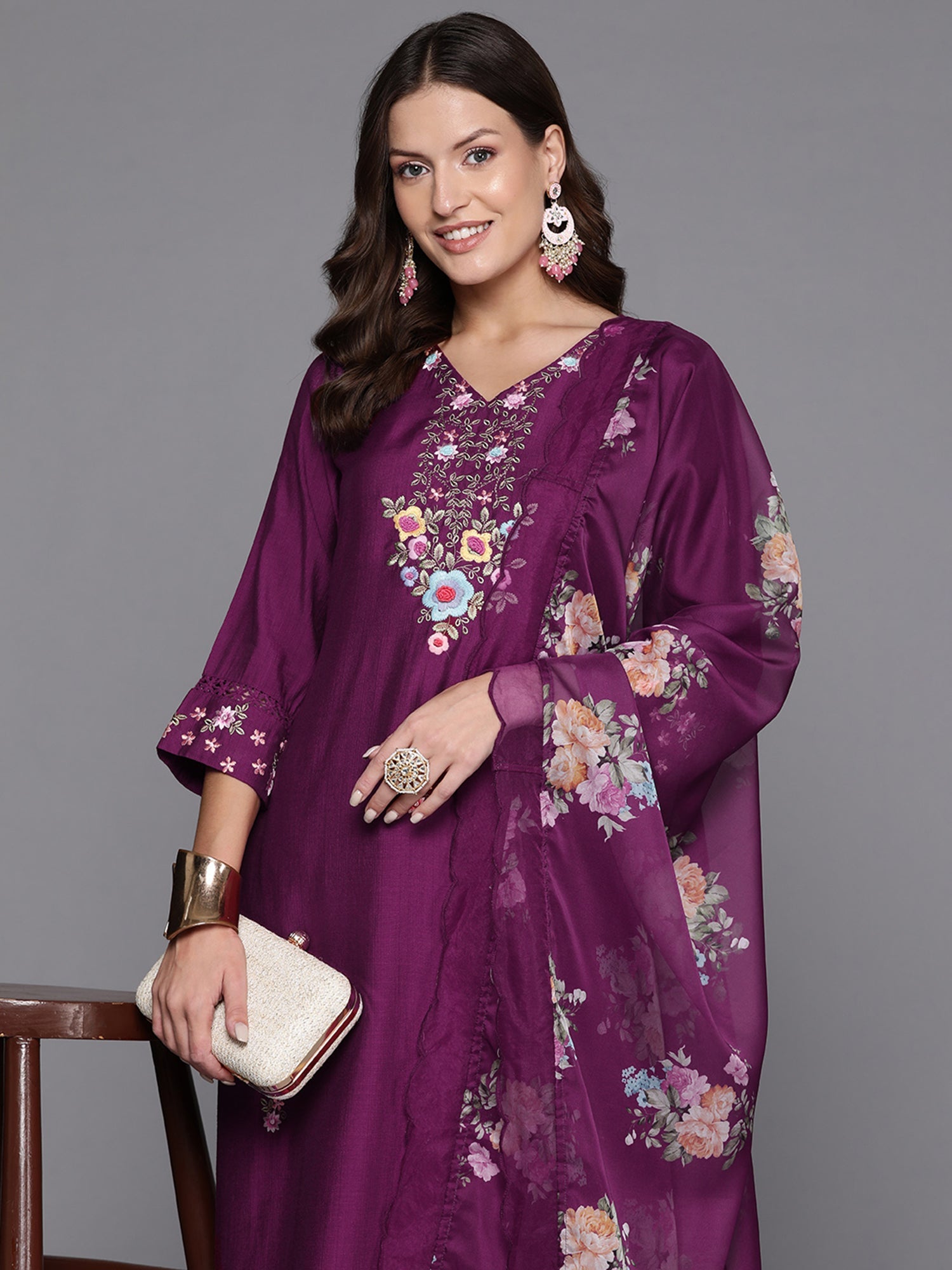 Women's Purple Silk Blend Kurta Set - Taantav