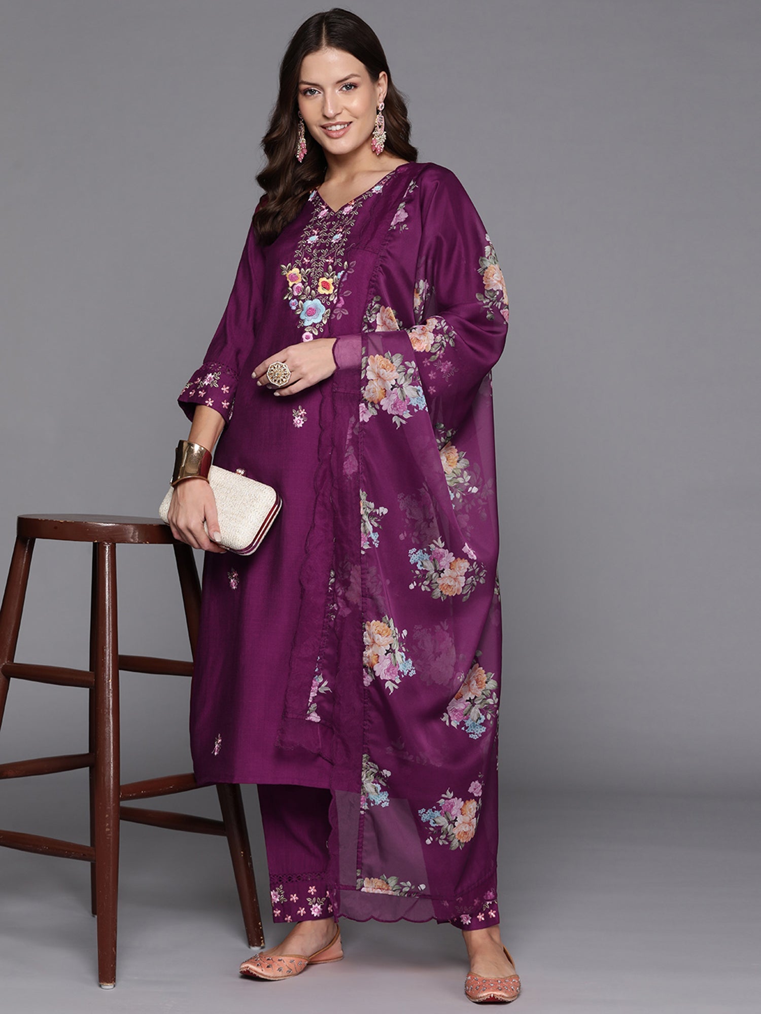 Women's Purple Silk Blend Kurta Set - Taantav