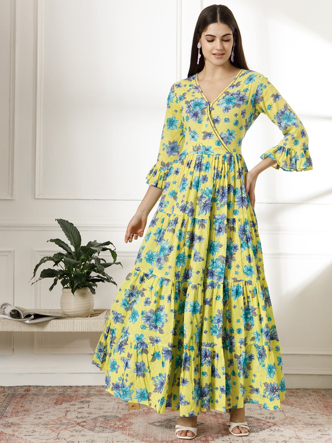 Women's Dobby Cotton Three Layer Dress With Zardosi Work