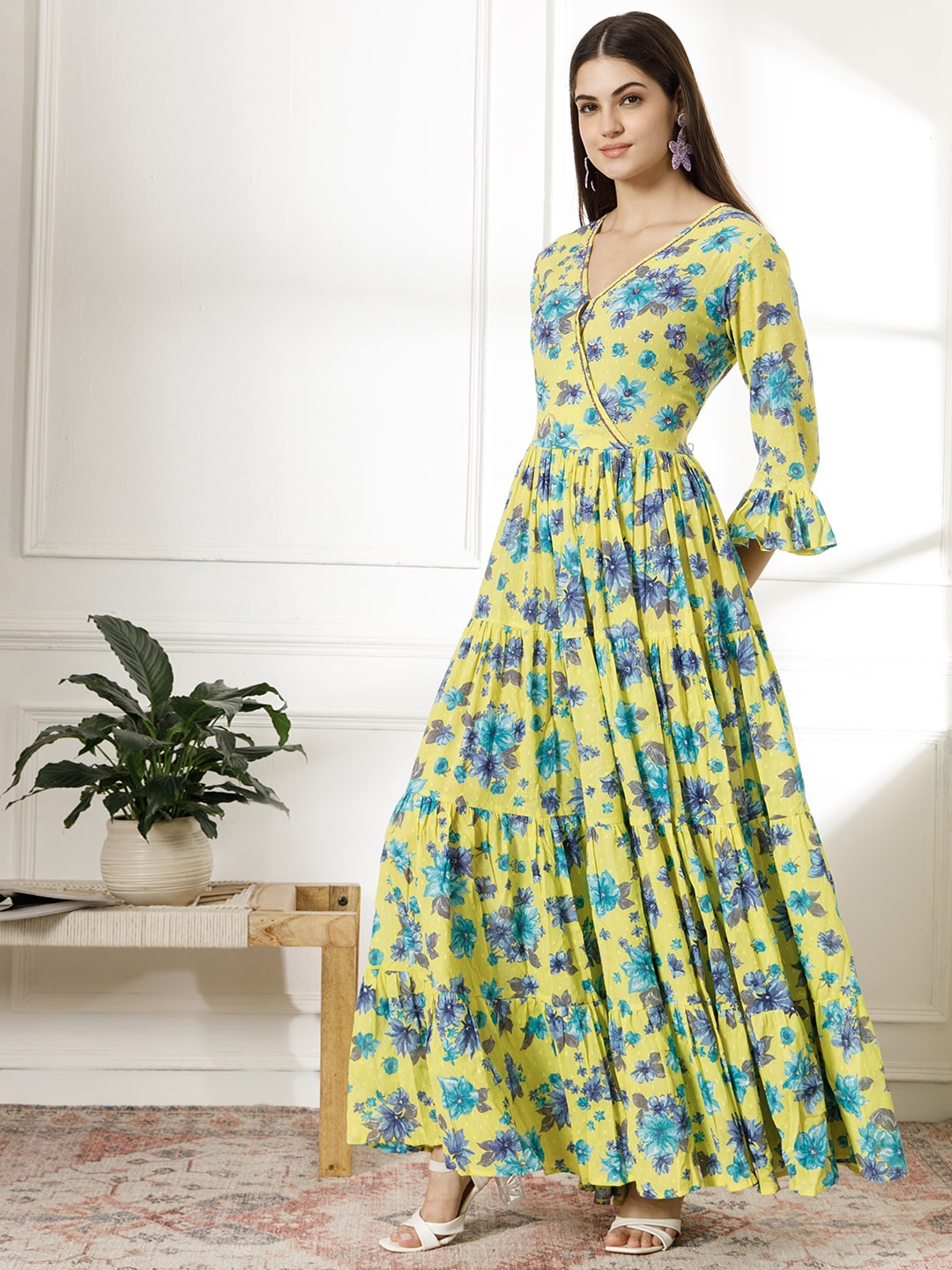 Women's Dobby Cotton Three Layer Dress With Zardosi Work