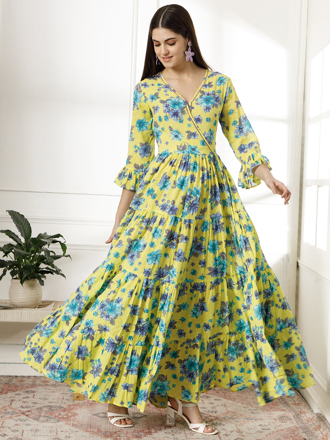 Women's Dobby Cotton Three Layer Dress With Zardosi Work