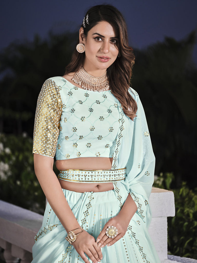 Women's Sky Georgette Thread Sequence Embroidered Lehenga Set