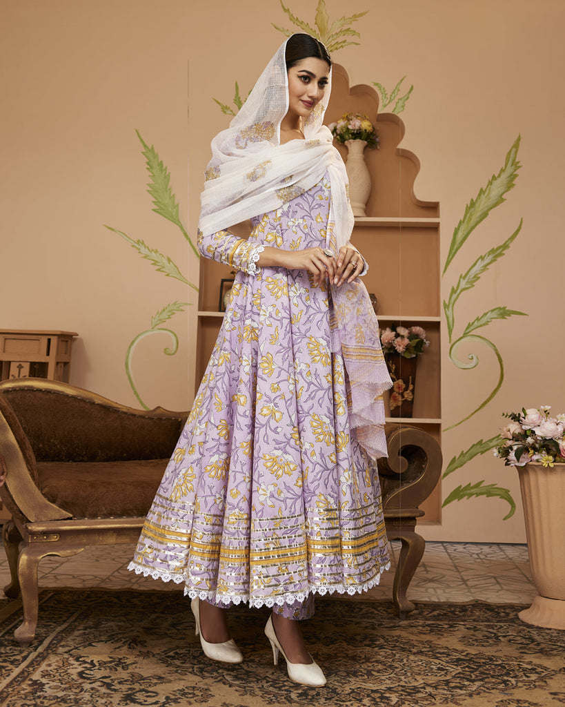 Women's Hand block Printed Lavender Anarkali Cotton Kurta With Trousers & Dupatta