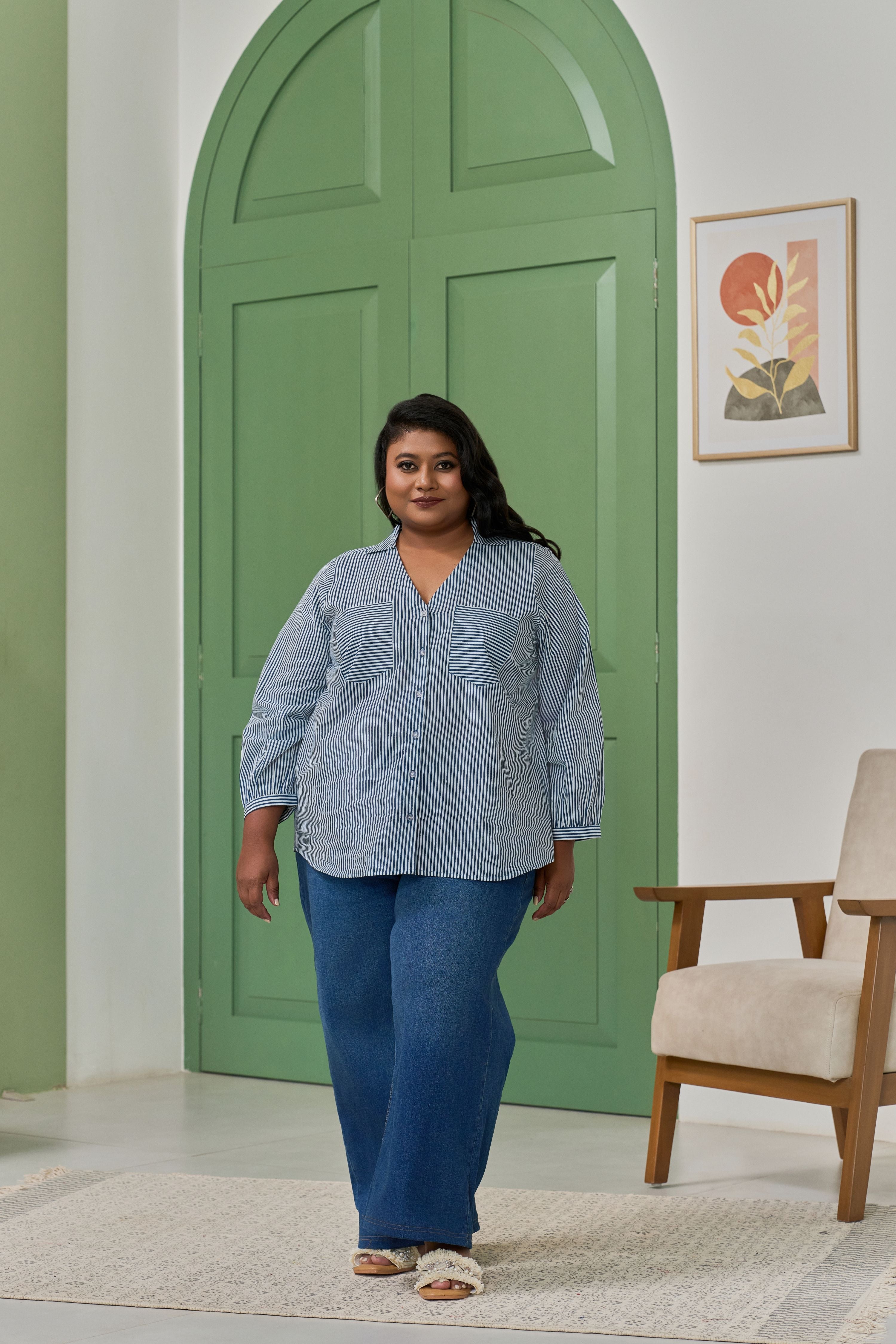 Women's Electric Blue Striped Shirt For A Bold Office Look - Nangalia Ruchira