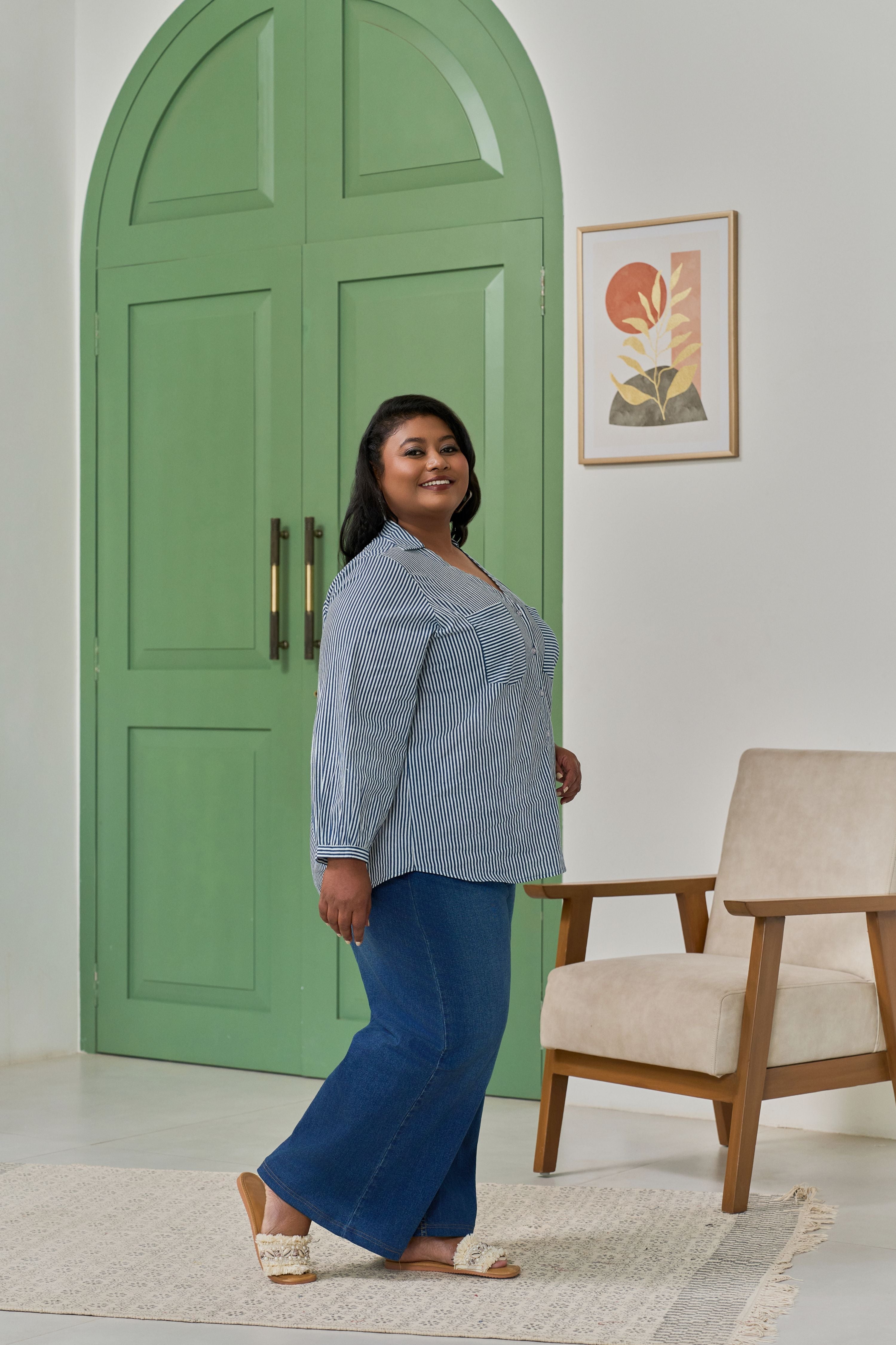 Women's Electric Blue Striped Shirt For A Bold Office Look - Nangalia Ruchira