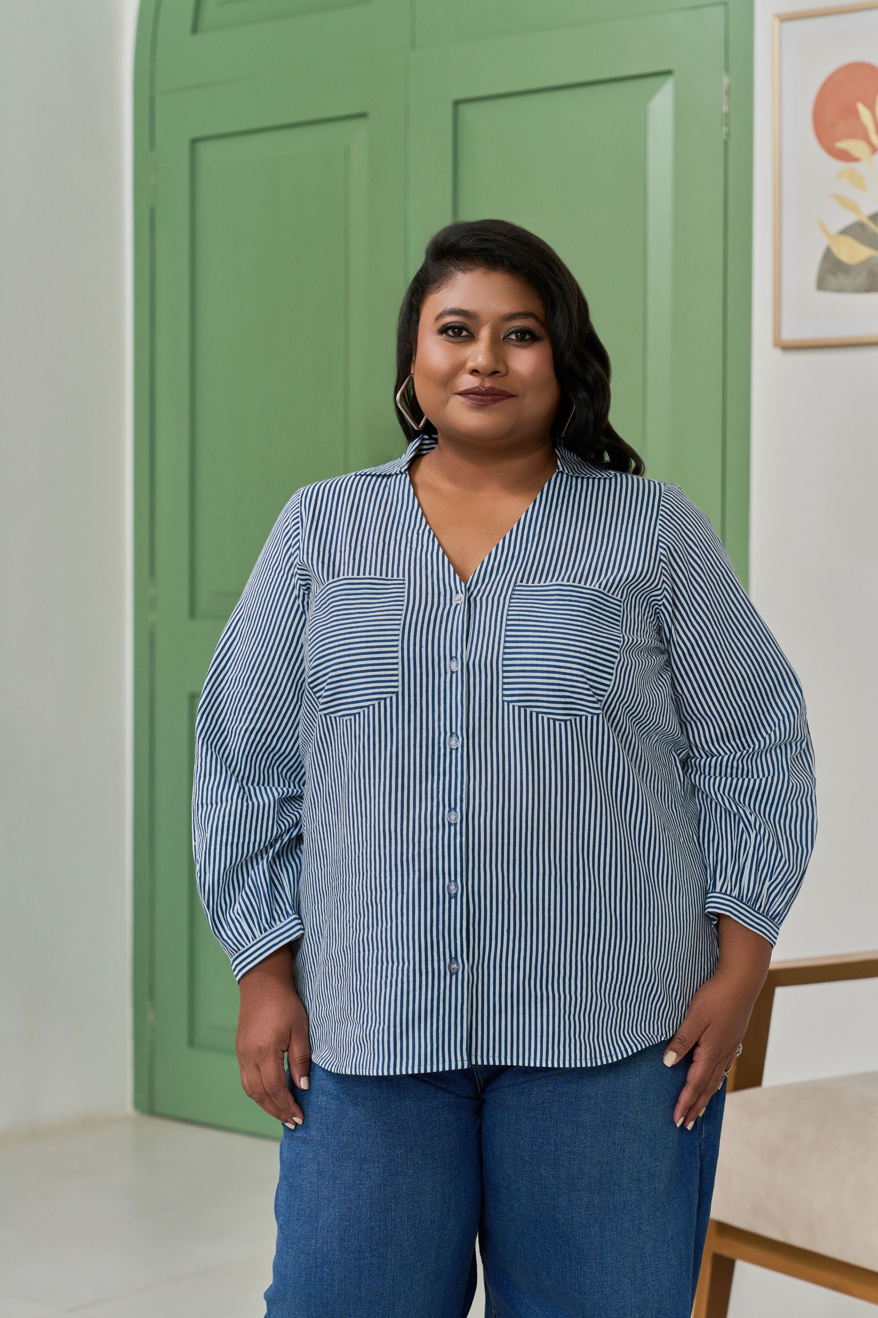 Women's Electric Blue Striped Shirt For A Bold Office Look - Nangalia Ruchira